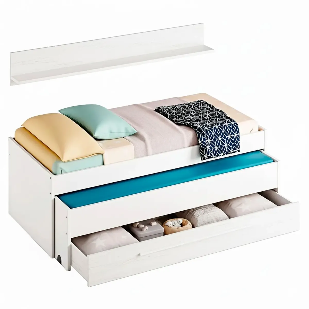 Letto Salvaspazio con Letto Estraibile Cassetto e Mensola Design Nordico Ideale per Camerette Piccole Pratico Robusto e Funzionale 65 × 199 × 96 Cm