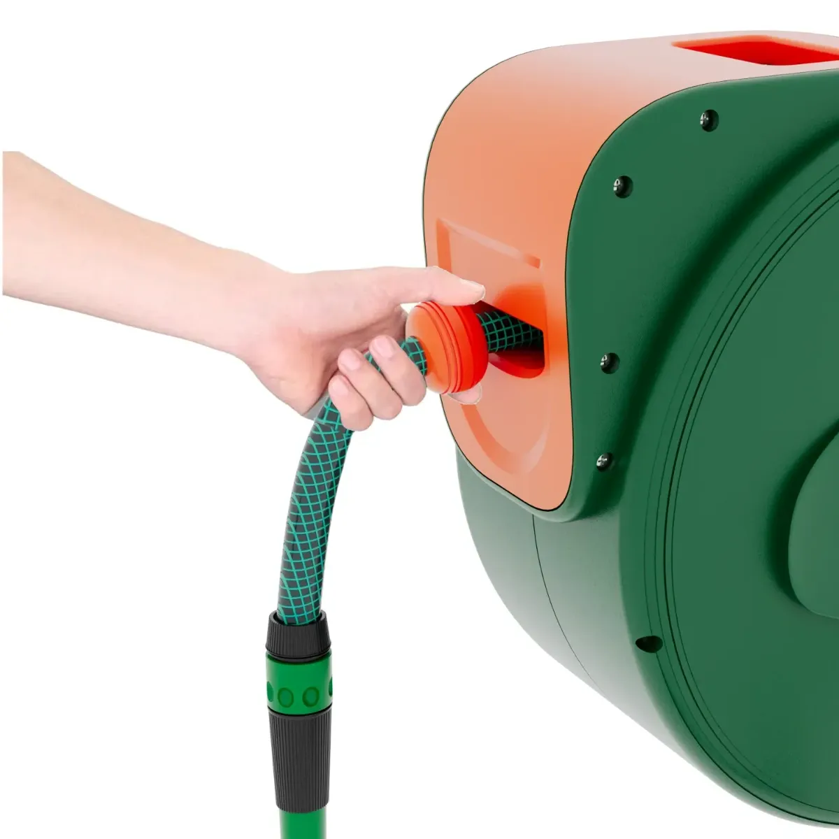 Avvolgitubo da Giardino per Acqua con Tubo in PVC Attacco 1/2" Fissaggio Parete Muro Sistema Blocco Automatico Riavvolgitore Auto Stop Accessorio Esterno Salvaspazio Pressione  24 Bar 