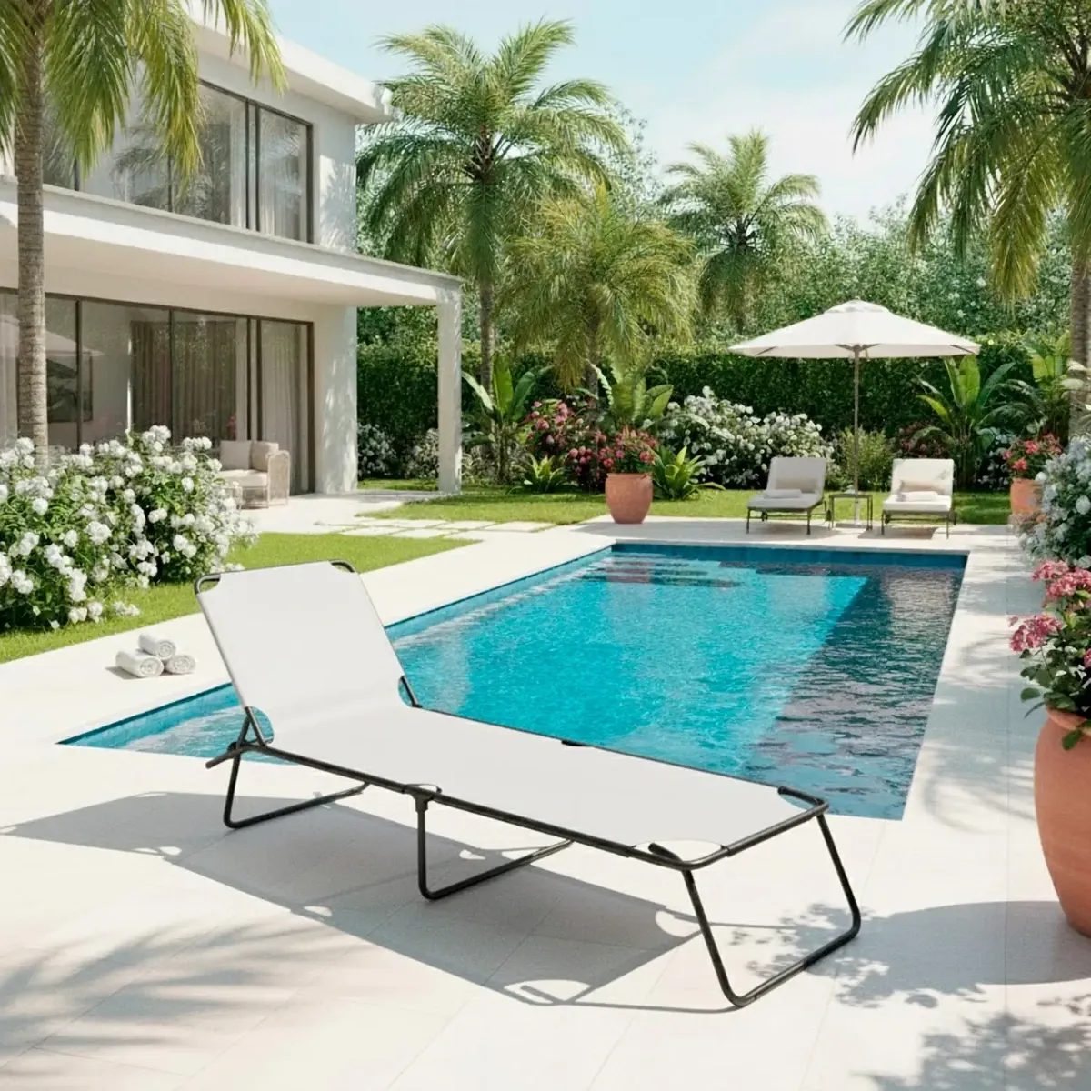 Lettino Pieghevole Prendisole Senza Tettuccio Parasole Schienale Reclinabile Regolabile Struttura in Metallo Nero Sedia Sdraio per Spiaggia Mare Giardino Piscina