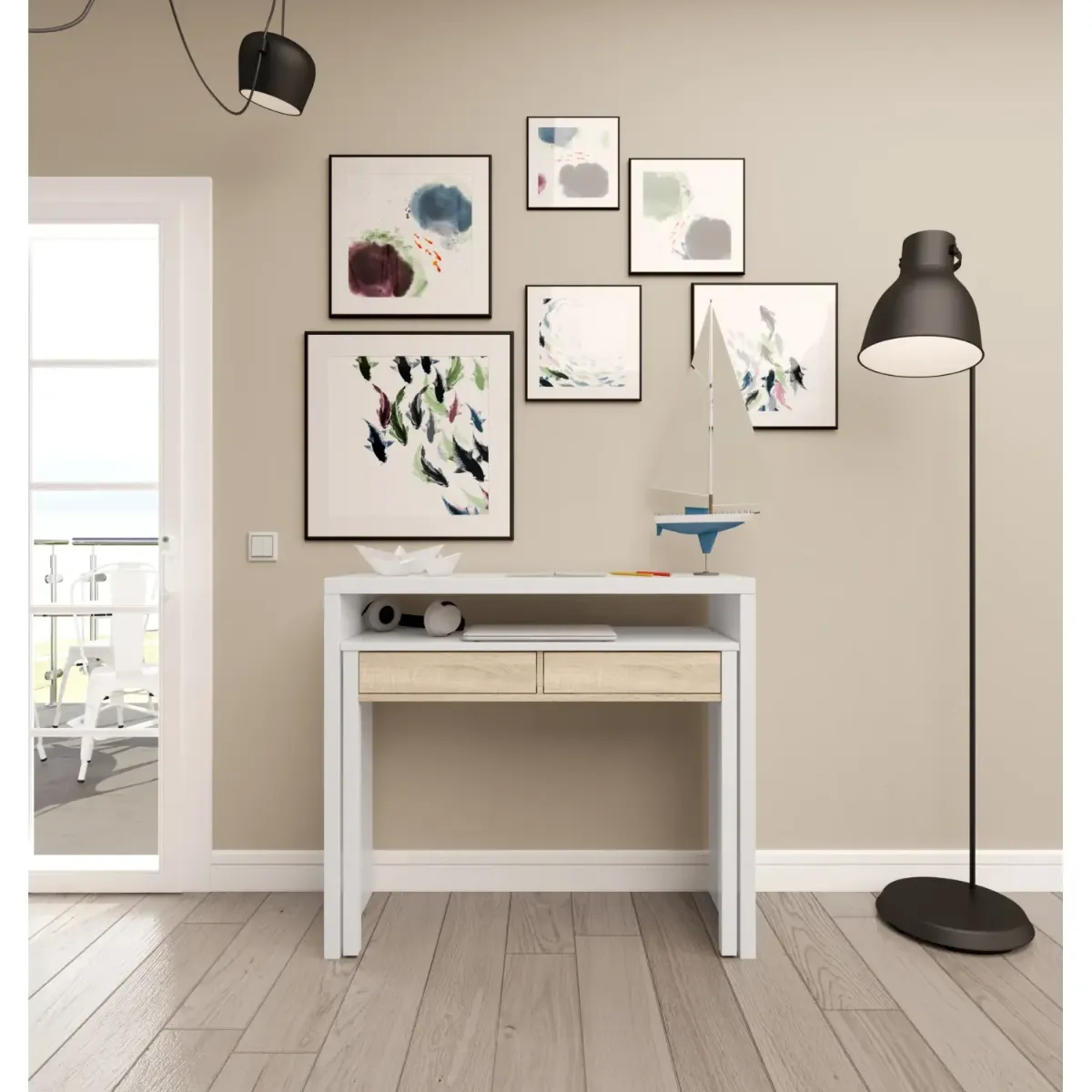 Scrivania Allungabile con 2 Cassetti Tavolo consolle Estensibile Studio Salvaspazio con Ripiano Ideale Disegno Soggiorno Camera Salotto Ingresso Corridoio 99 x 88 x 36 Cm
