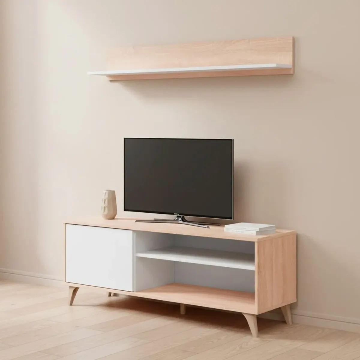 Mobile TV con Mensola Parete Attrezzata in Stile Nordico da 135 Cm con Anta Push e Vani Multimediali Mobile Porta TV con Ripiano a Parete Soggiorno Moderno 135 x 50 x 40 Cm