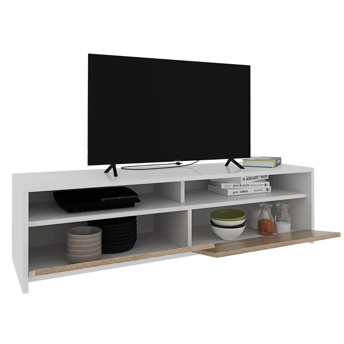 Mobile Porta TV Moderno Parete Attrezzata con 2 Ante e 2 Vani a Giorno Mobiletto Salvaspazio da Terra per Televisione Soggiorno Salotto Camera da Letto 130 x 40 x 35 Cm