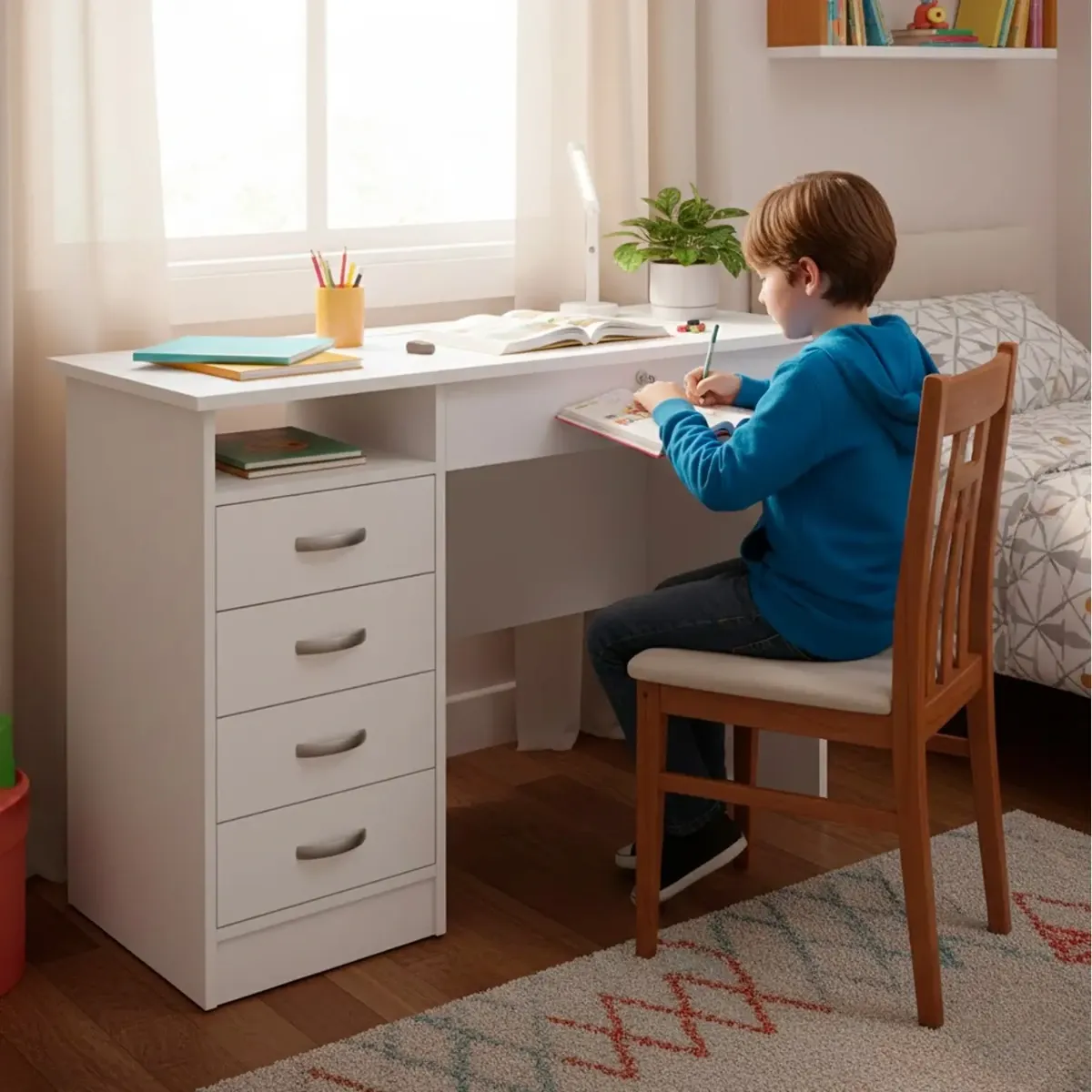 Scrivania da Ufficio con 5 Cassetti e Cassetto con Serratura Desk Moderno Salvaspazio per Studio Cameretta e Home Office 109.3 x 48.5 x 75.6 Cm