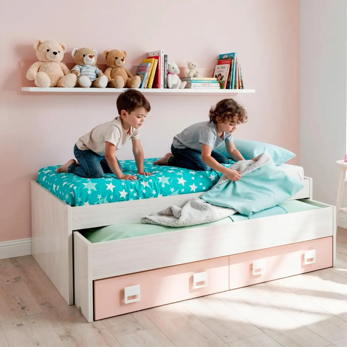 Letto con Letto Estraibile 2 Cassetti e Mensola Letto Salvaspazio Contenitore Cameretta Bambini Ragazzi Camera Design Moderno Delft 65 x 199 x 96 Cm