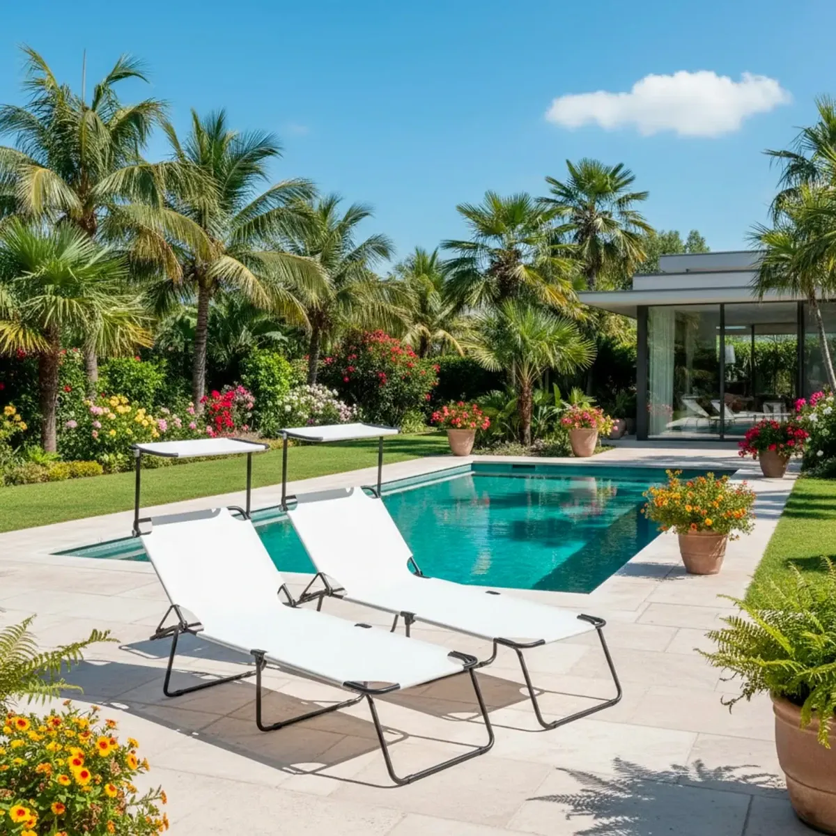 2 Lettini Pieghevoli con Tettuccio Regolabile e Schienale Reclinabile, Struttura in Metallo Nero, Sdraio Prendisole per Spiaggia, Mare, Giardino e Piscina - 187 x 53 x 24 cm