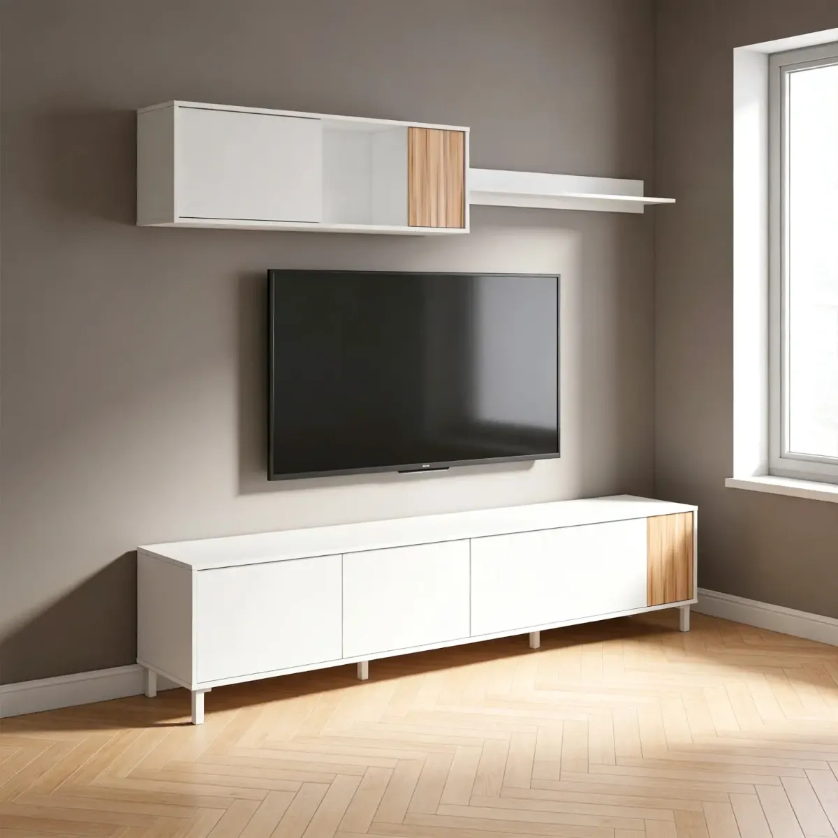 Parete Attrezzata Moderna Mobile Soggiorno TV con Modulo Pensile e Mensola con 4 Ante Fori Passacavi Design Moderno Soggiorno Salotto Sala da Pranzo 47 x 200 x 40 Cm