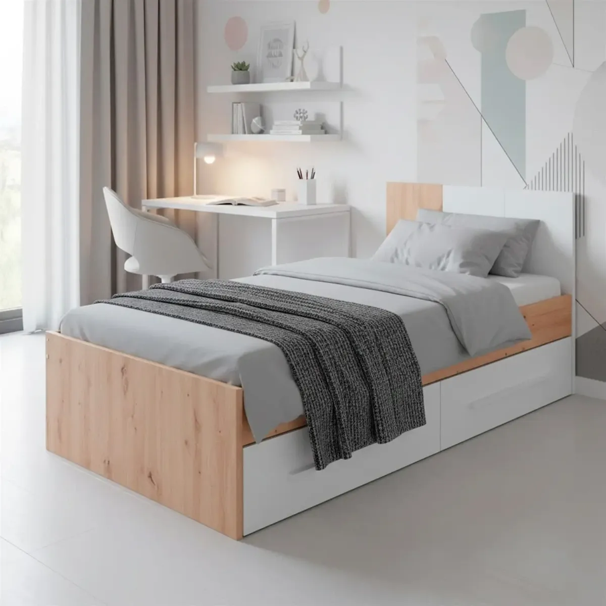 Letto Singolo per Ragazzi con 2 Cassetti e Testiera Letto con Scomparti per Materasso 190 x 90 Cm Bambini Salvaspazio Design Moderno 196 x 97 x 77 cm