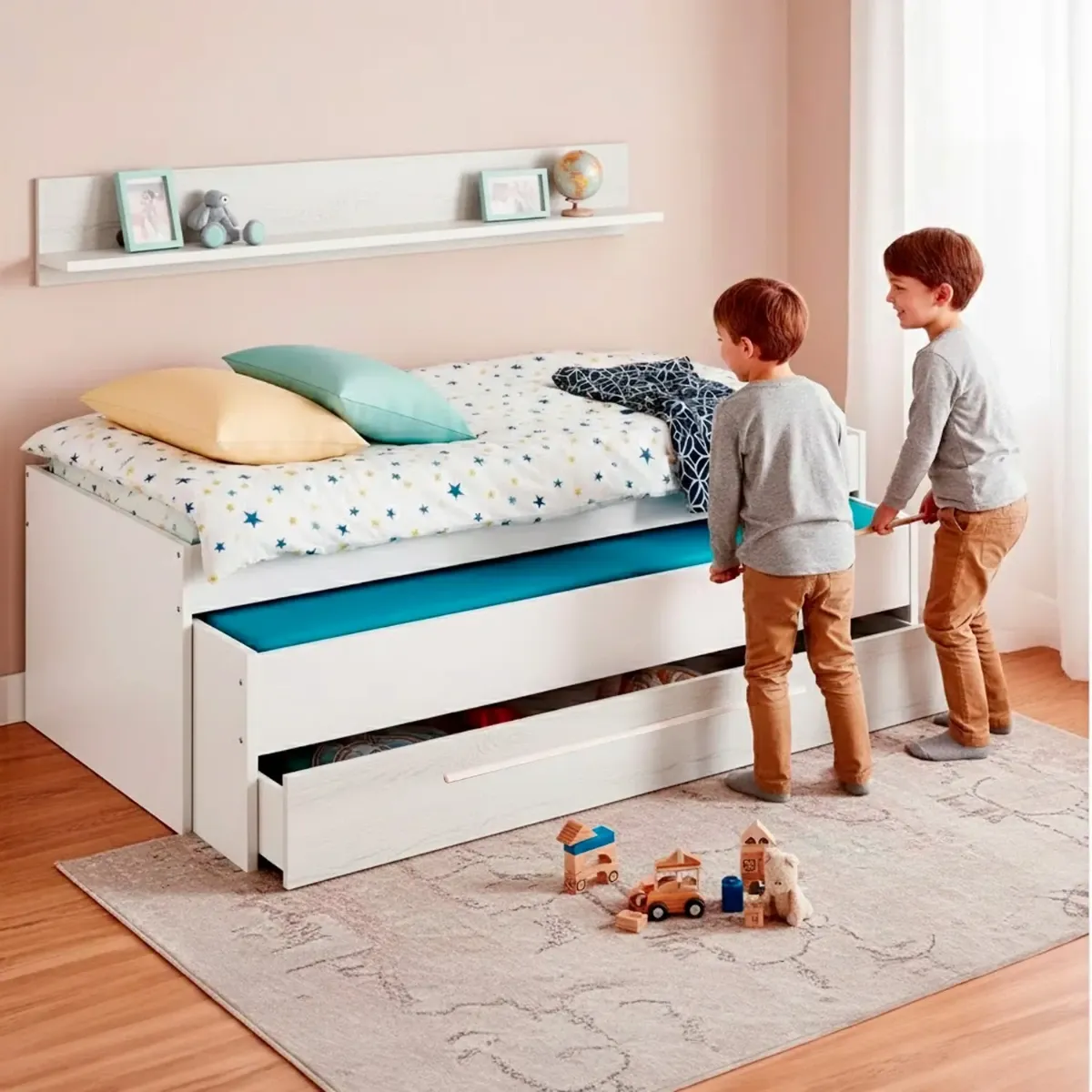 Letto Salvaspazio con Letto Estraibile Cassetto e Mensola Design Nordico Ideale per Camerette Piccole Pratico Robusto e Funzionale 65 × 199 × 96 Cm