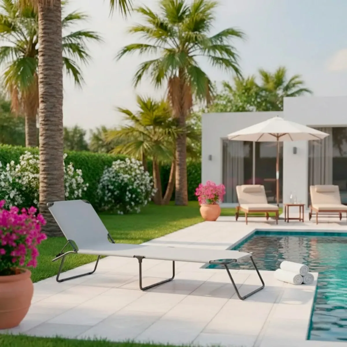 Lettino Pieghevole Prendisole Senza Tettuccio Parasole Schienale Reclinabile Regolabile Struttura in Metallo Nero Sedia Sdraio per Spiaggia Mare Giardino Piscina