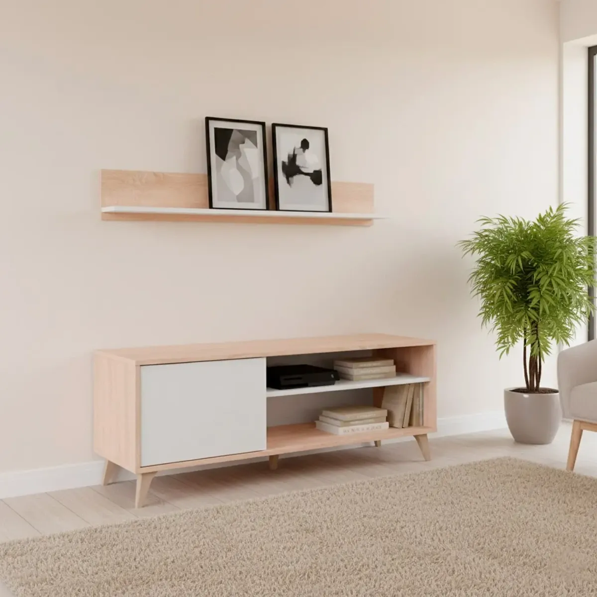 Mobile TV con Mensola Parete Attrezzata in Stile Nordico da 135 Cm con Anta Push e Vani Multimediali Mobile Porta TV con Ripiano a Parete Soggiorno Moderno 135 x 50 x 40 Cm