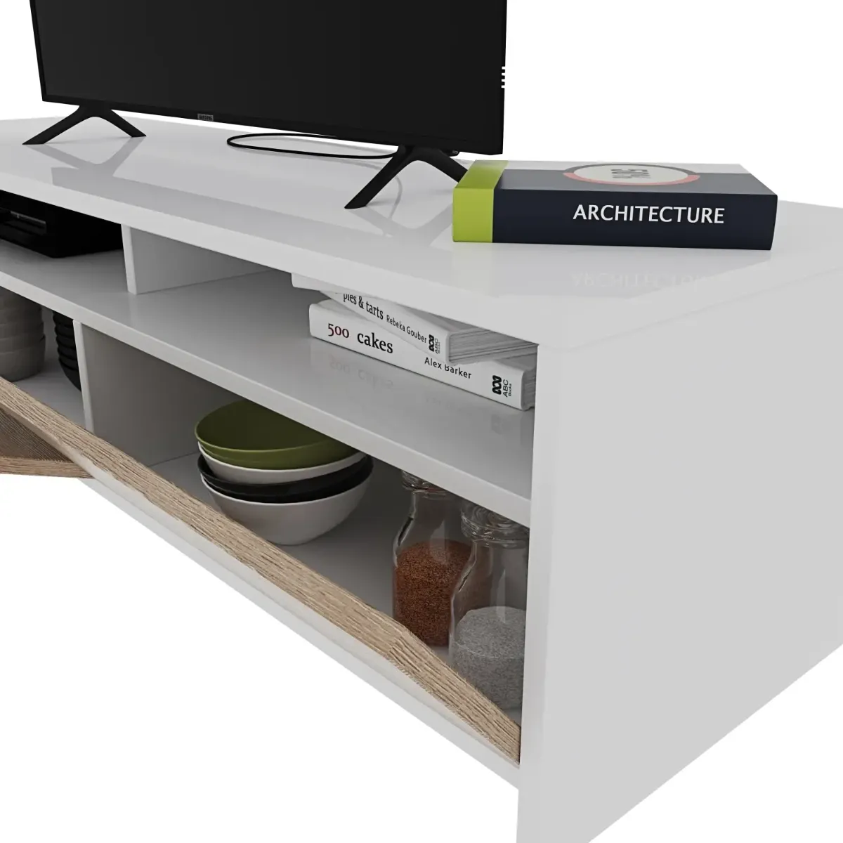 Mobile Porta TV Moderno Parete Attrezzata con 2 Ante e 2 Vani a Giorno Mobiletto Salvaspazio da Terra per Televisione Soggiorno Salotto Camera da Letto 130 x 40 x 35 Cm