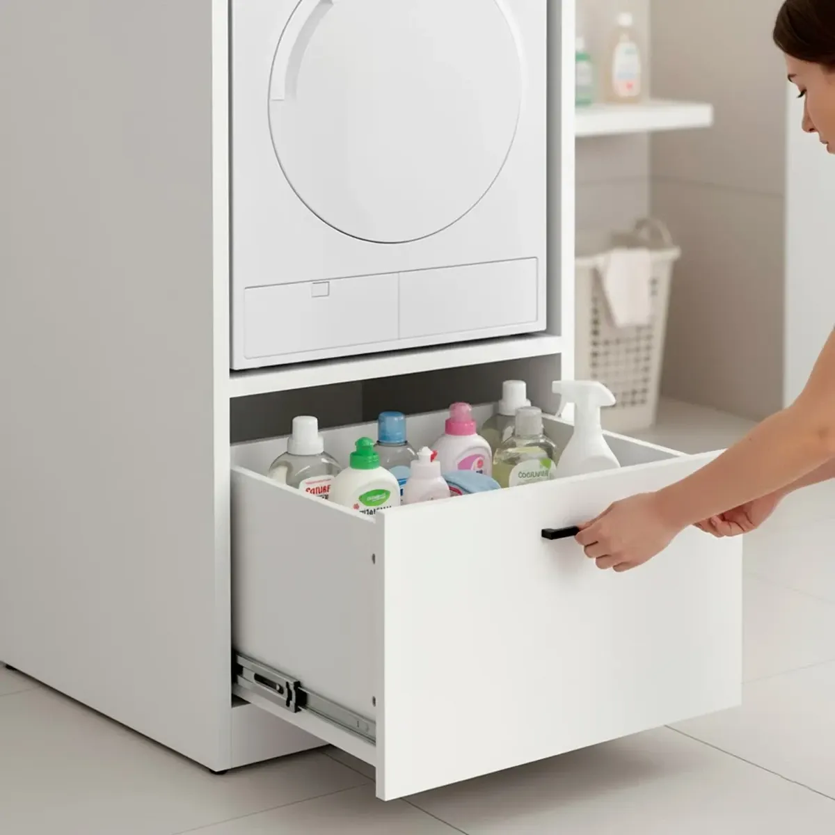 Mobile per Lavatrice Asciugatrice Armadio Mobiletto Bagno Mobili Salvaspazio con Cassetto e Mensola Allungabile Scaffale in Legno Armadietto per Lavanderia Coprilavatrice 70 x 146 x 64 Cm