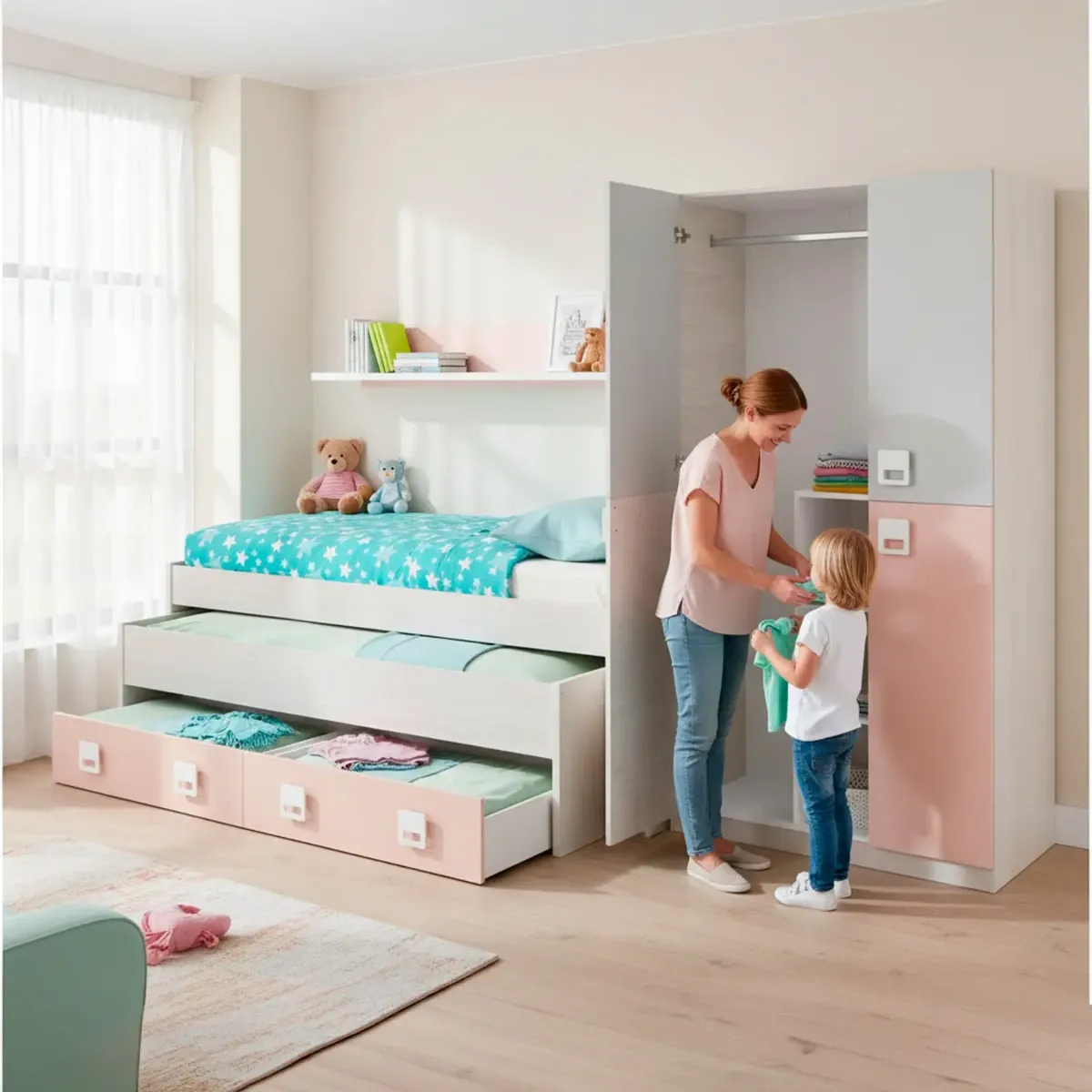 Letto con Letto Estraibile 2 Cassetti e Mensola Letto Salvaspazio Contenitore Cameretta Bambini Ragazzi Camera Design Moderno Delft 65 x 199 x 96 Cm