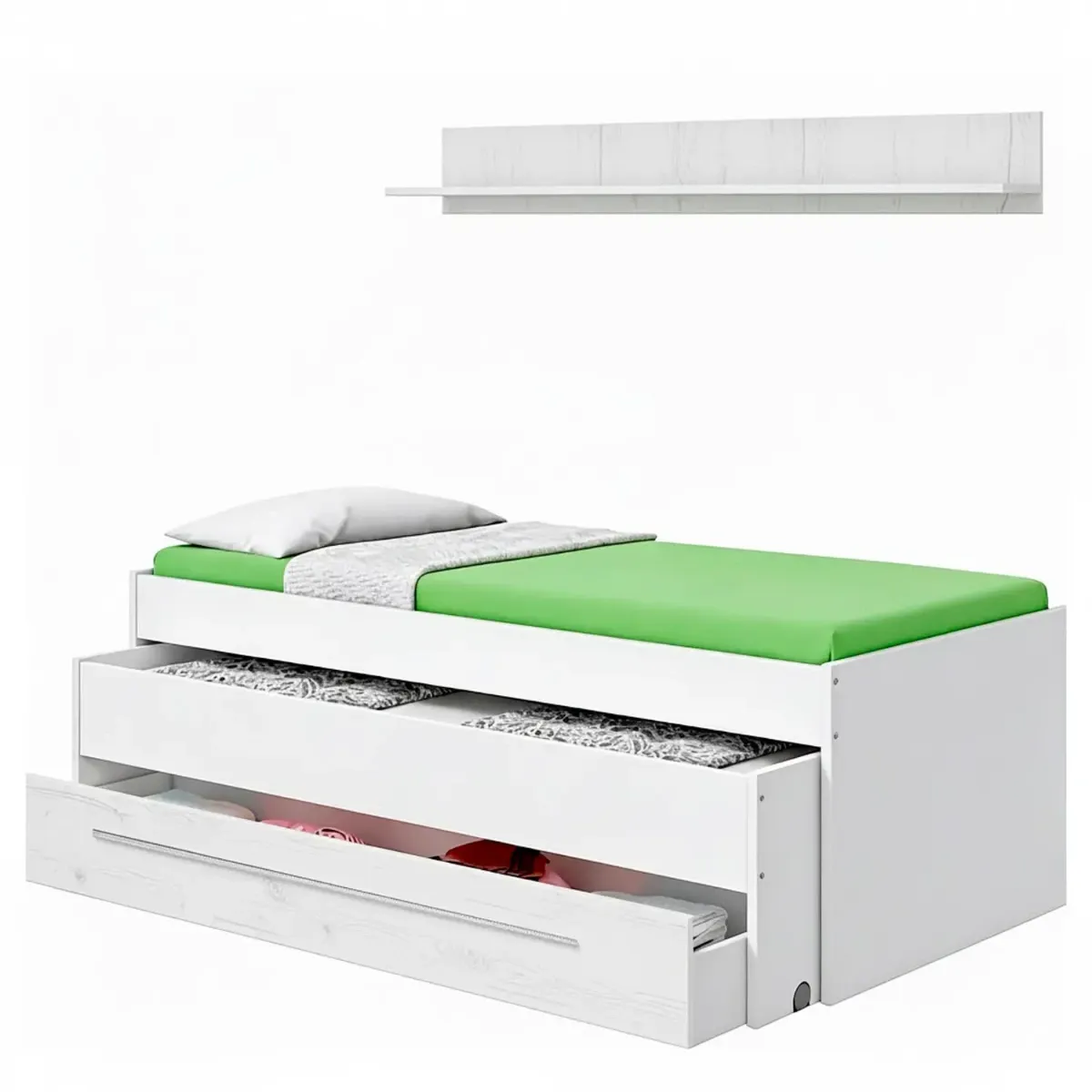 Letto Salvaspazio con Letto Estraibile Cassetto e Mensola Design Nordico Ideale per Camerette Piccole Pratico Robusto e Funzionale 65 × 199 × 96 Cm