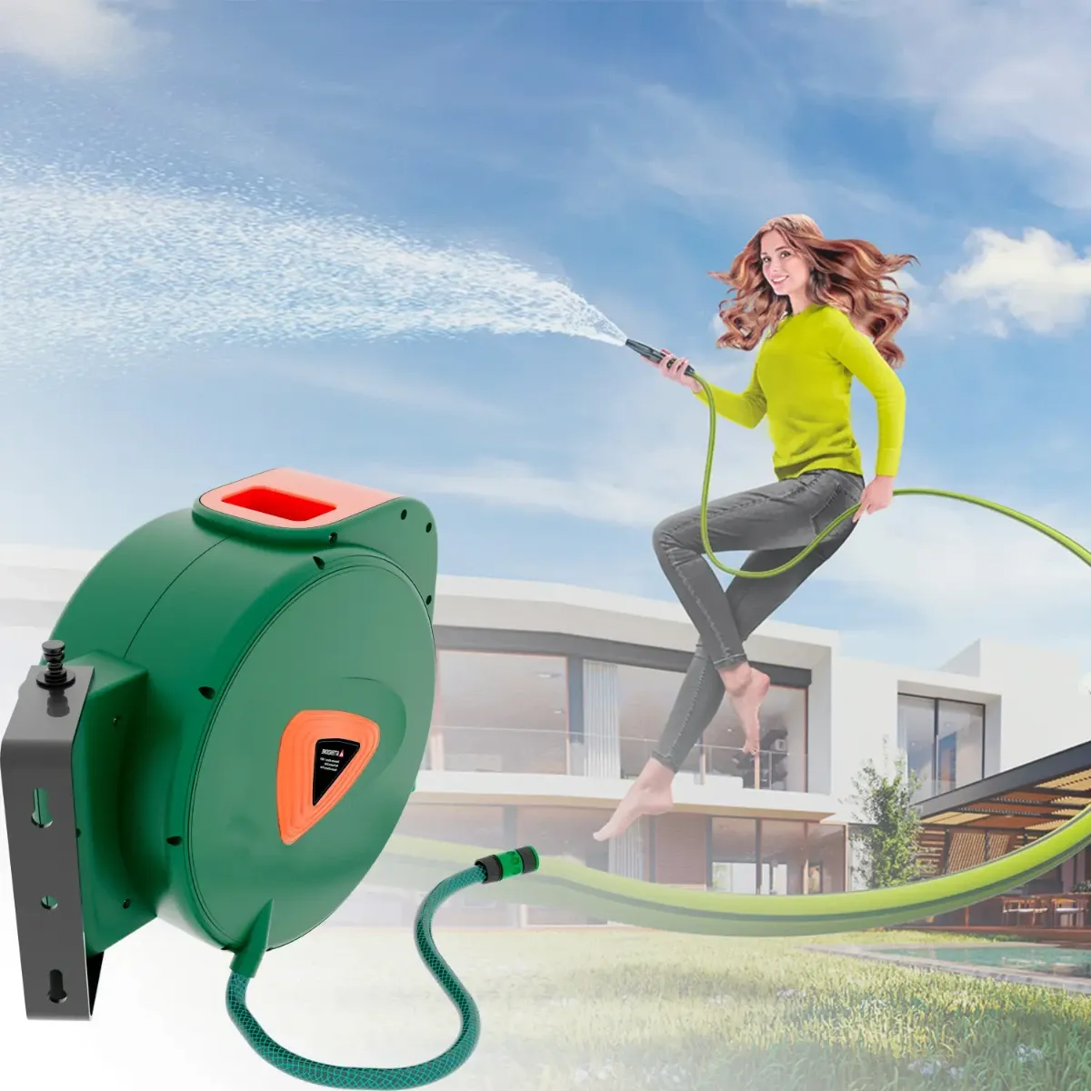 Avvolgitubo da Giardino per Acqua con Tubo in PVC Attacco 1/2" Fissaggio Parete Muro Sistema Blocco Automatico Riavvolgitore Auto Stop Accessorio Esterno Salvaspazio Pressione  24 Bar 