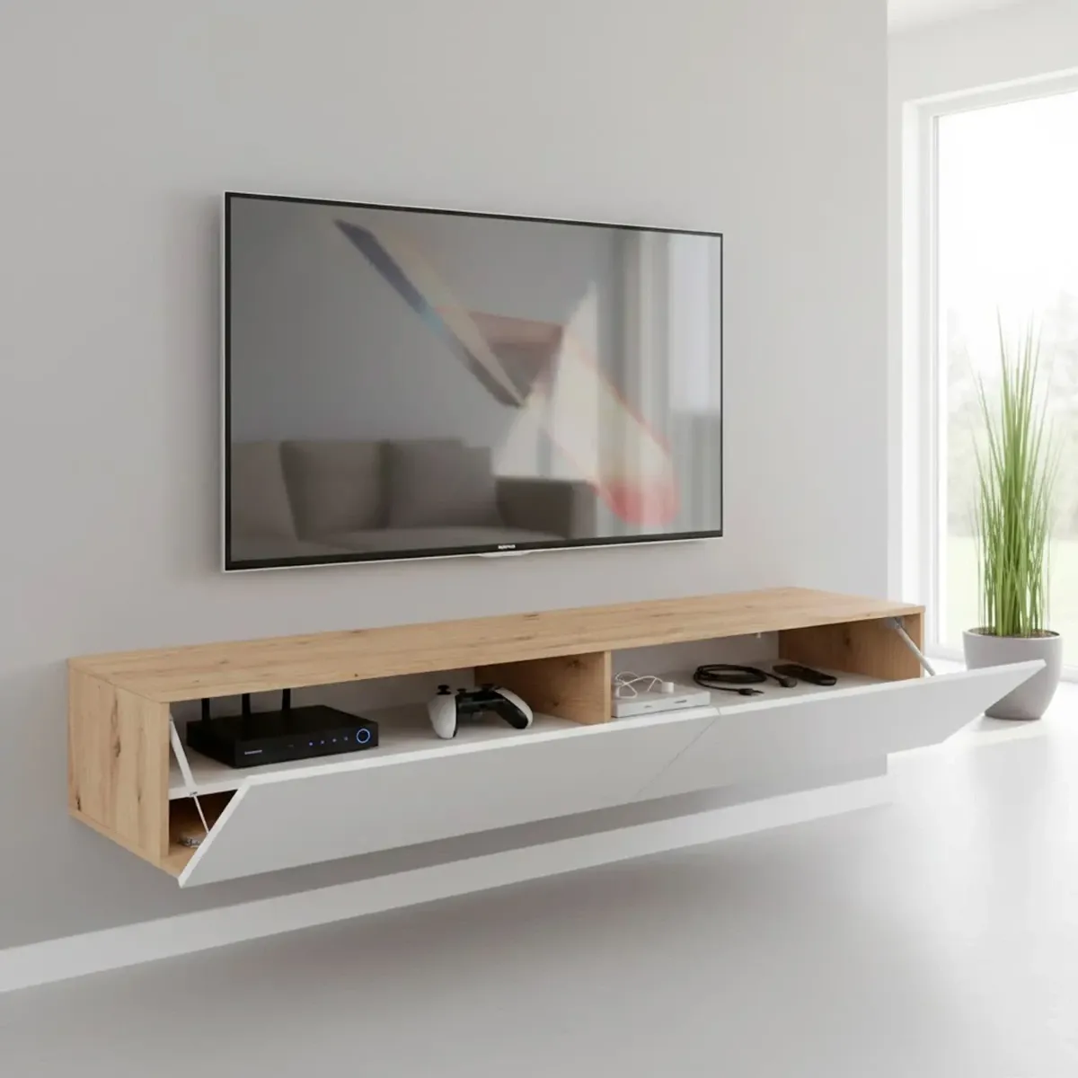 Mobile TV Sospeso da 180 Cm Parete Attrezzata con 2 Ante Push Porta TV Moderno in Pannelli Melaminici E1 per Salotto Soggiorno Design Minimal 180 x 34,5 x 28 Cm