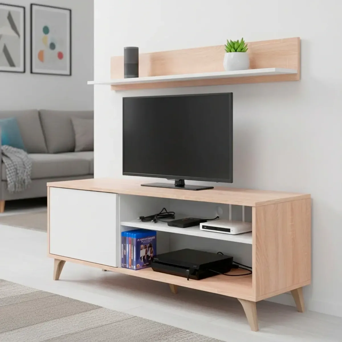 Mobile TV con Mensola Parete Attrezzata in Stile Nordico da 135 Cm con Anta Push e Vani Multimediali Mobile Porta TV con Ripiano a Parete Soggiorno Moderno 135 x 50 x 40 Cm