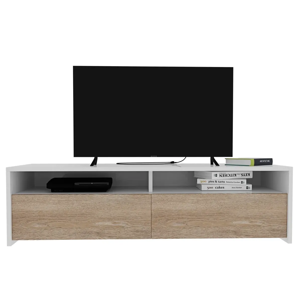 Mobile Porta TV Moderno Parete Attrezzata con 2 Ante e 2 Vani a Giorno Mobiletto Salvaspazio da Terra per Televisione Soggiorno Salotto Camera da Letto 130 x 40 x 35 Cm