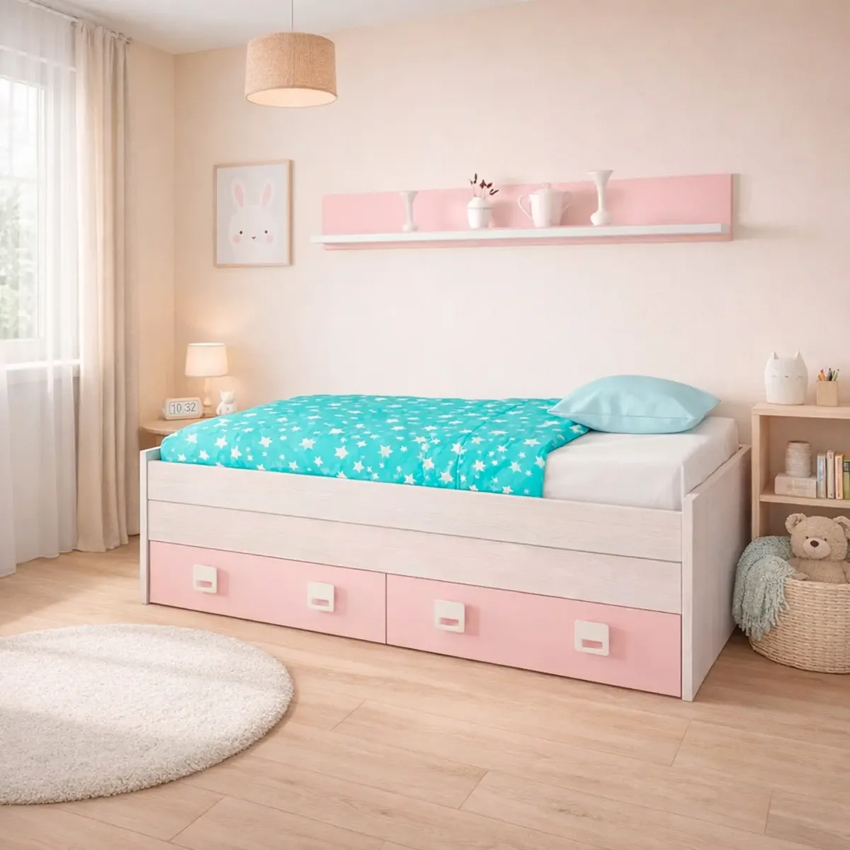 Letto con Letto Estraibile 2 Cassetti e Mensola Letto Salvaspazio Contenitore Cameretta Bambini Ragazzi Camera Design Moderno Delft 65 x 199 x 96 Cm
