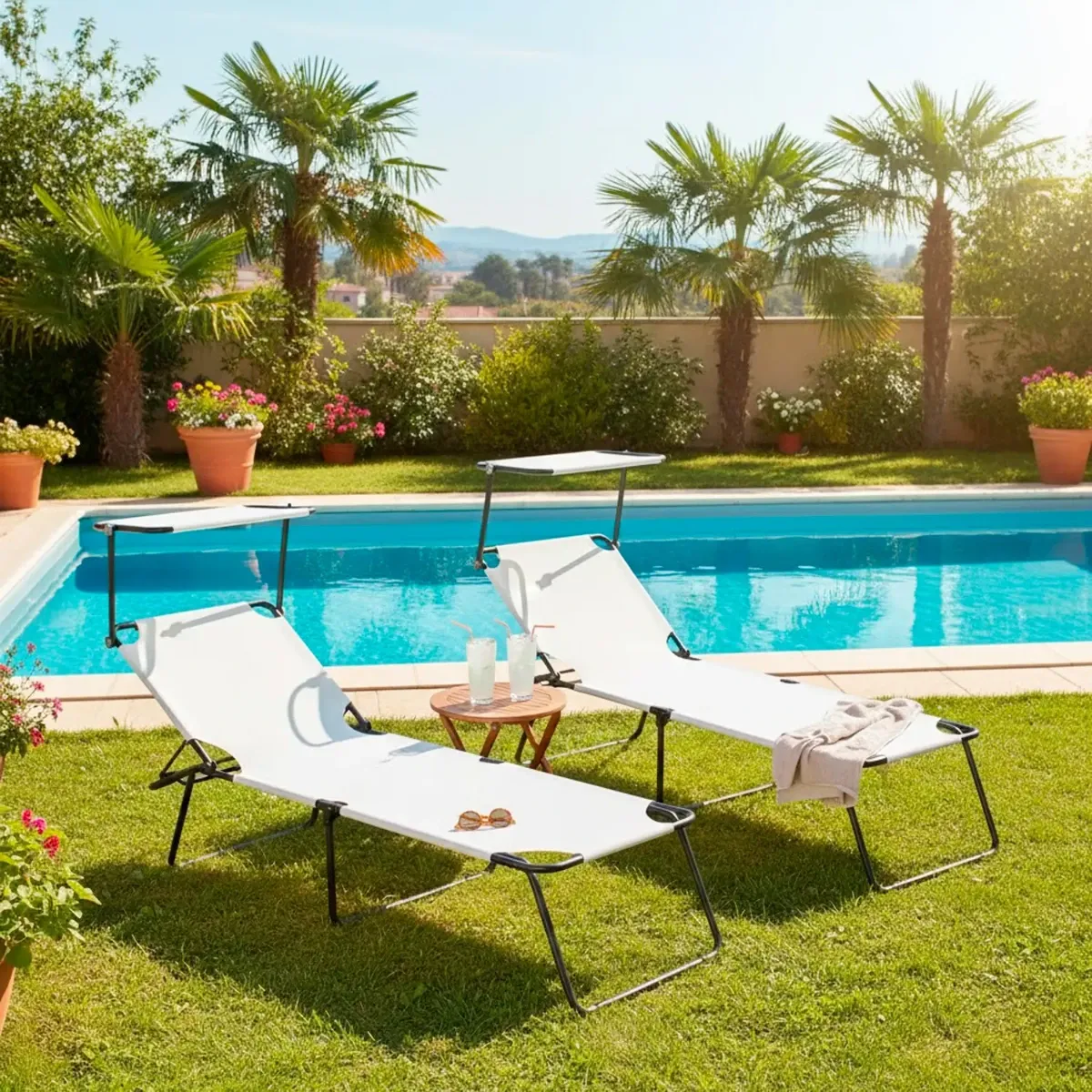 2 Lettini Pieghevoli con Tettuccio Regolabile e Schienale Reclinabile, Struttura in Metallo Nero, Sdraio Prendisole per Spiaggia, Mare, Giardino e Piscina - 187 x 53 x 24 cm