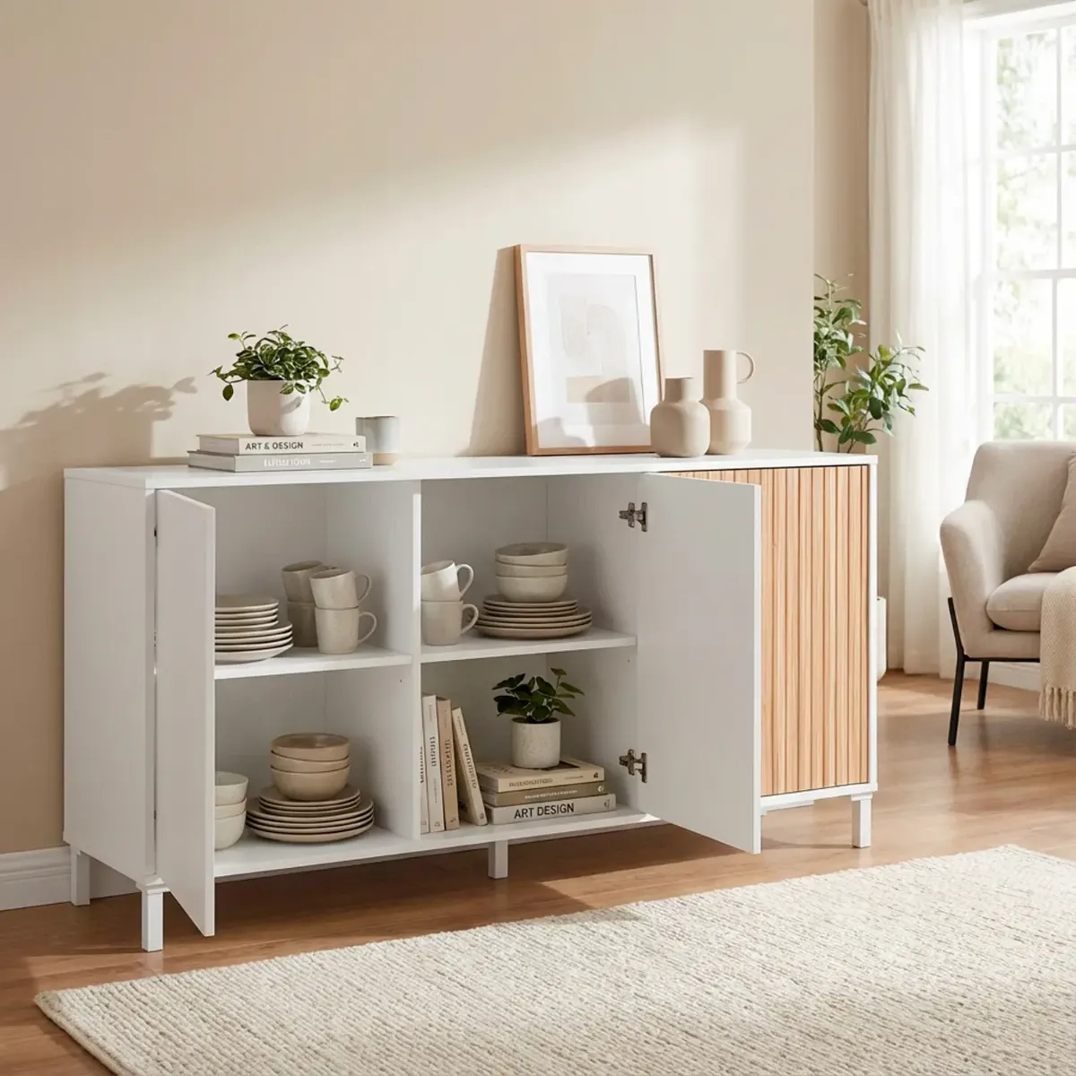 Credenza a 3 Ante con Push To Open Madia Moderna con Ripiani interni Mobile Contenitore per Soggiorno Salotto Ingresso Corridoio 74 x 154 x 40 Cm