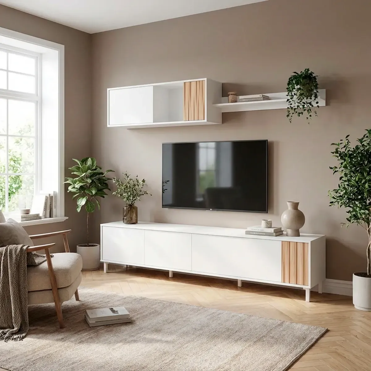 Parete Attrezzata Moderna Mobile Soggiorno TV con Modulo Pensile e Mensola con 4 Ante Fori Passacavi Design Moderno Soggiorno Salotto Sala da Pranzo 47 x 200 x 40 Cm