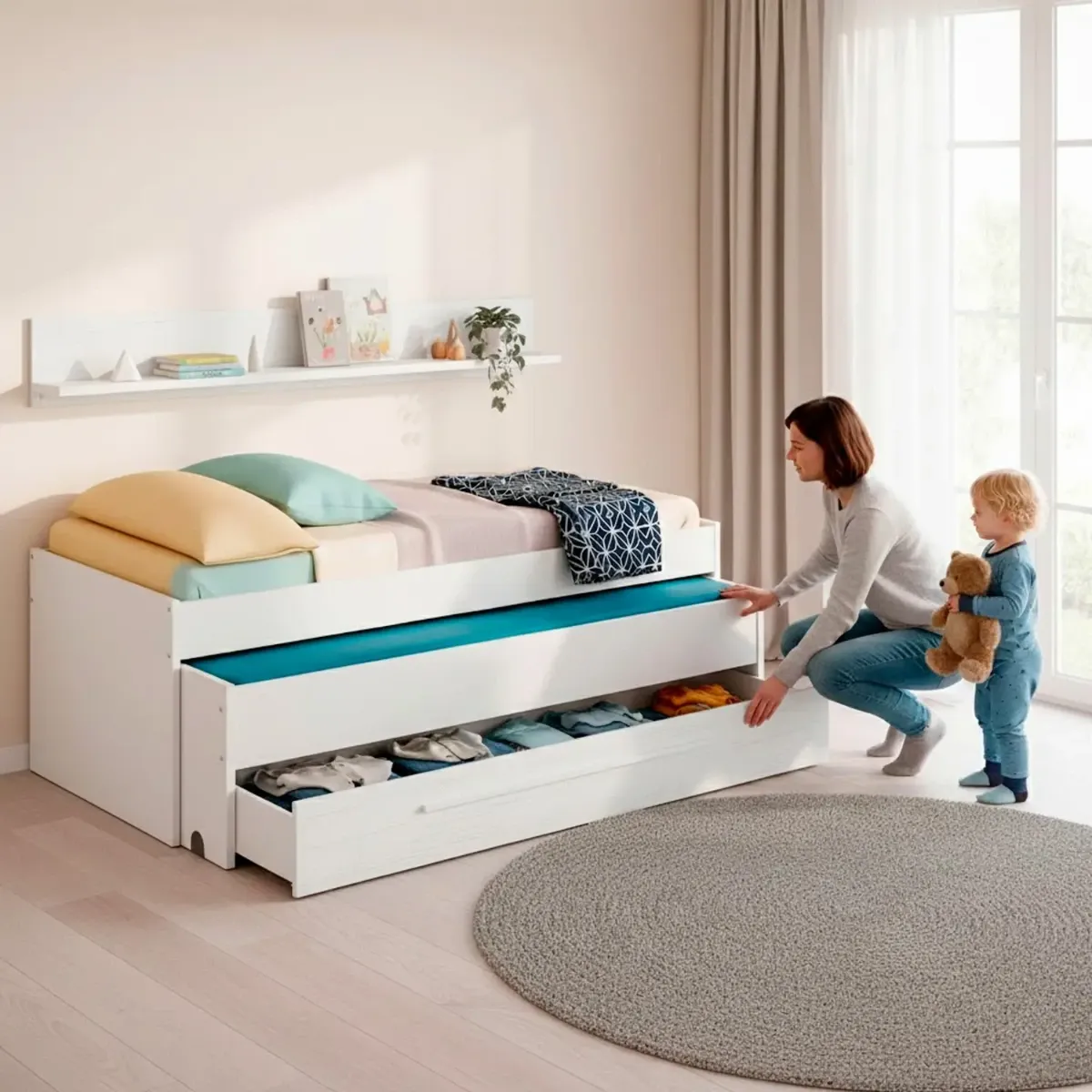 Letto Salvaspazio con Letto Estraibile Cassetto e Mensola Design Nordico Ideale per Camerette Piccole Pratico Robusto e Funzionale 65 × 199 × 96 Cm