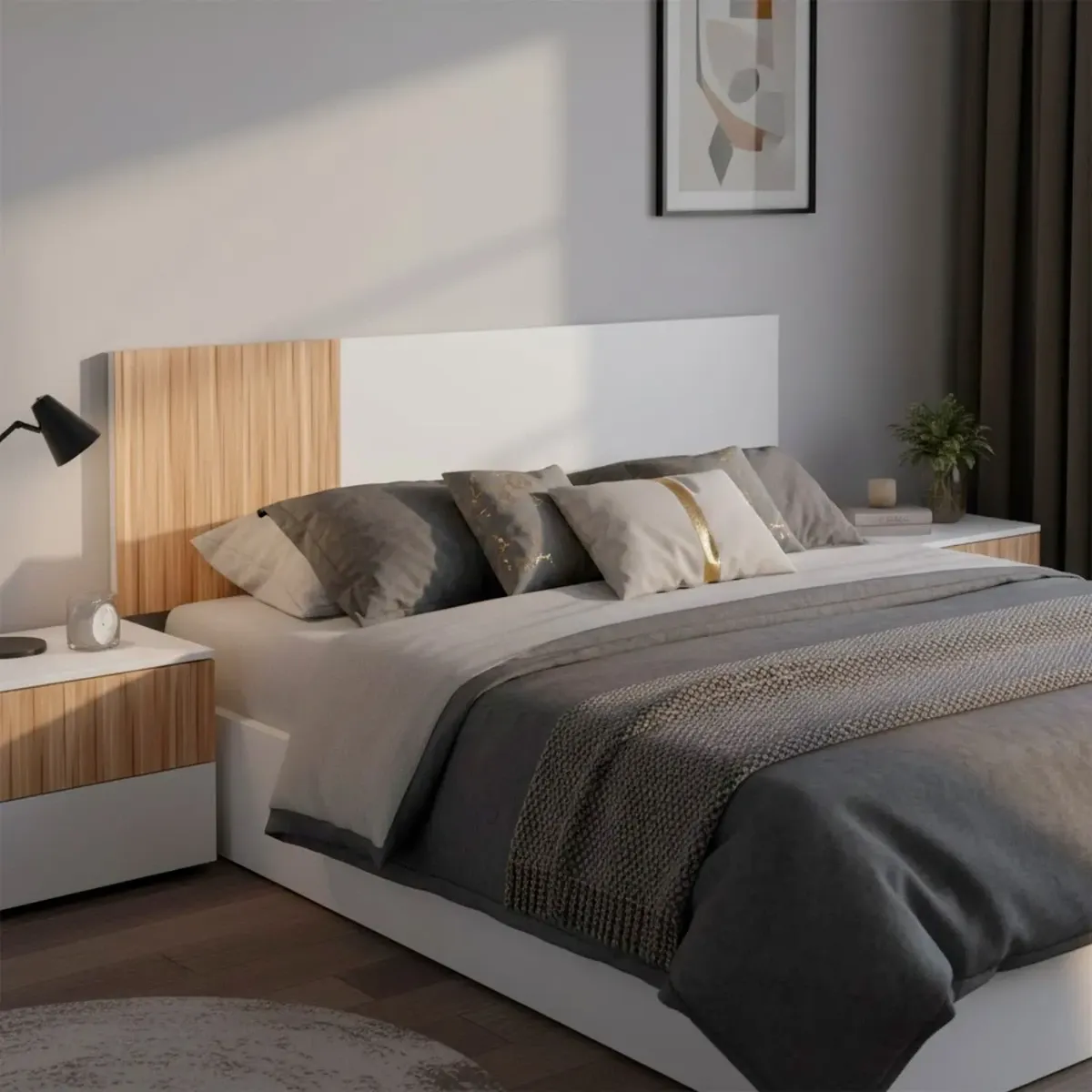 Testiera Letto Matrimoniale da 160 Cm con 2 Comodini a 2 Cassetti Set Camera da Letto Moderno con Fissaggio a Parete Design Moderno Scandinavo