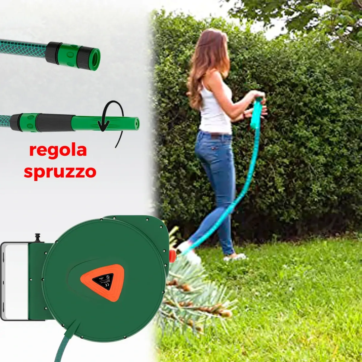 Avvolgitubo da Giardino per Acqua con Tubo in PVC Attacco 1/2" Fissaggio Parete Muro Sistema Blocco Automatico Riavvolgitore Auto Stop Accessorio Esterno Salvaspazio Pressione  24 Bar 