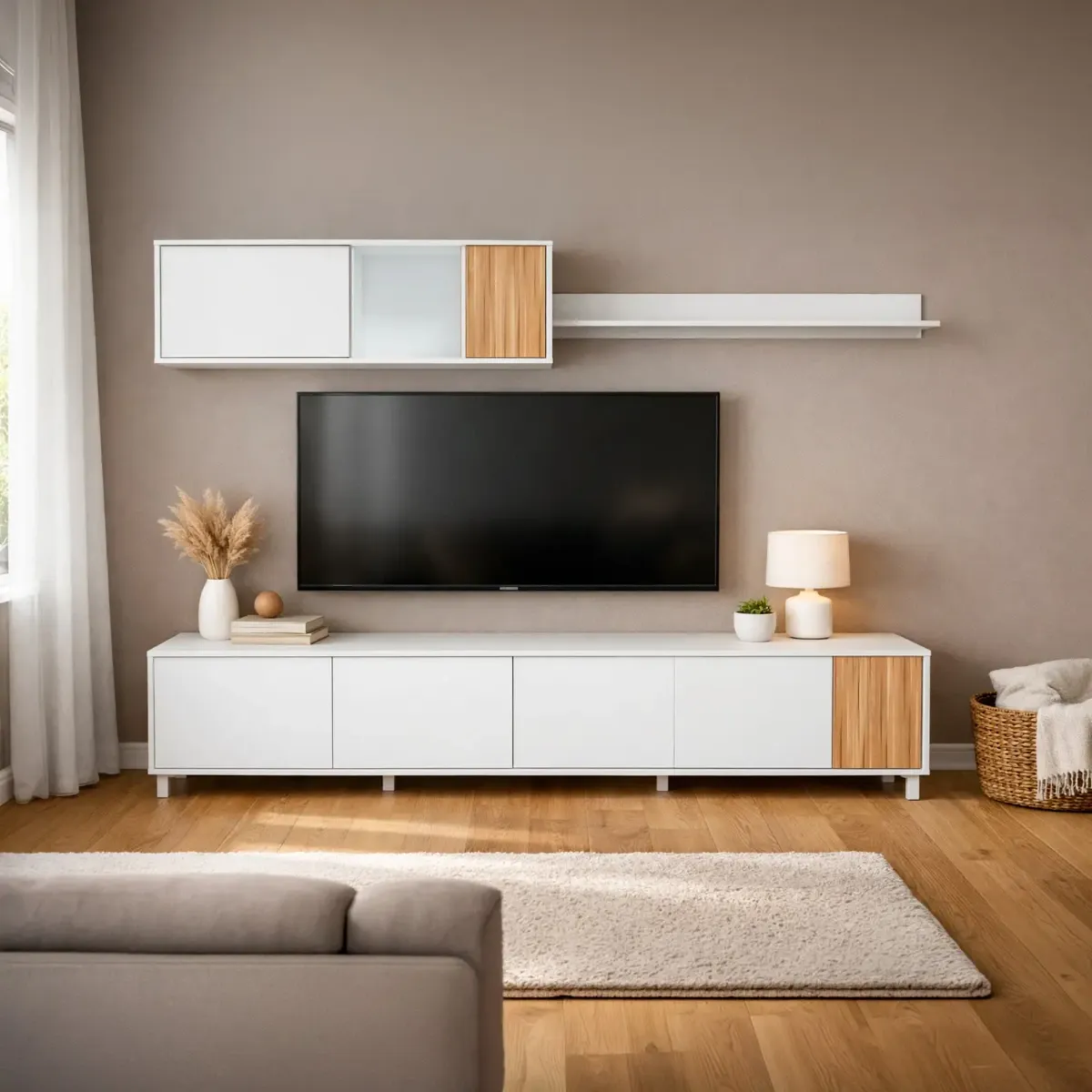 Parete Attrezzata Moderna Mobile Soggiorno TV con Modulo Pensile e Mensola con 4 Ante Fori Passacavi Design Moderno Soggiorno Salotto Sala da Pranzo 47 x 200 x 40 Cm