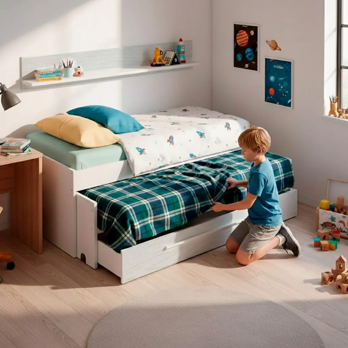 Letto Salvaspazio con Letto Estraibile Cassetto e Mensola Design Nordico Ideale per Camerette Piccole Pratico Robusto e Funzionale 65 × 199 × 96 Cm