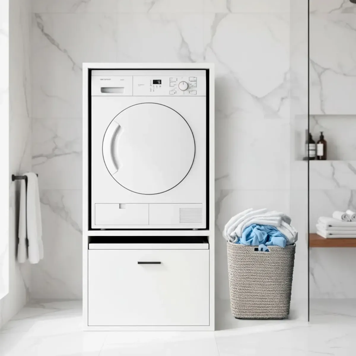 Mobile per Lavatrice Asciugatrice Armadio Mobiletto Bagno Mobili Salvaspazio con Cassetto e Mensola Allungabile Scaffale in Legno Armadietto per Lavanderia Coprilavatrice 70 x 146 x 64 Cm
