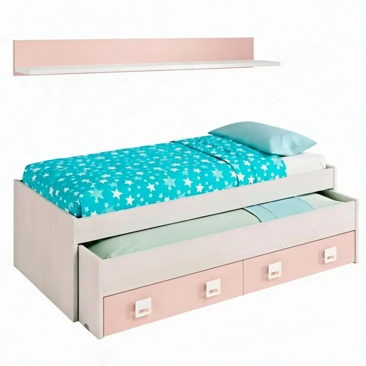 Letto con Letto Estraibile 2 Cassetti e Mensola Letto Salvaspazio Contenitore Cameretta Bambini Ragazzi Camera Design Moderno Delft 65 x 199 x 96 Cm
