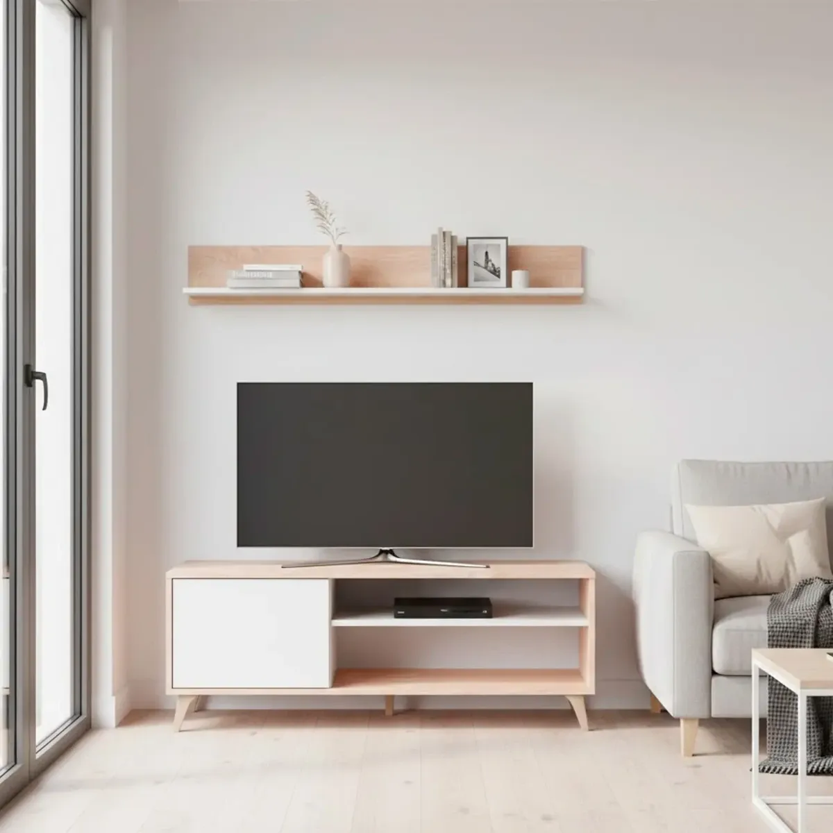 Mobile TV con Mensola Parete Attrezzata in Stile Nordico da 135 Cm con Anta Push e Vani Multimediali Mobile Porta TV con Ripiano a Parete Soggiorno Moderno 135 x 50 x 40 Cm