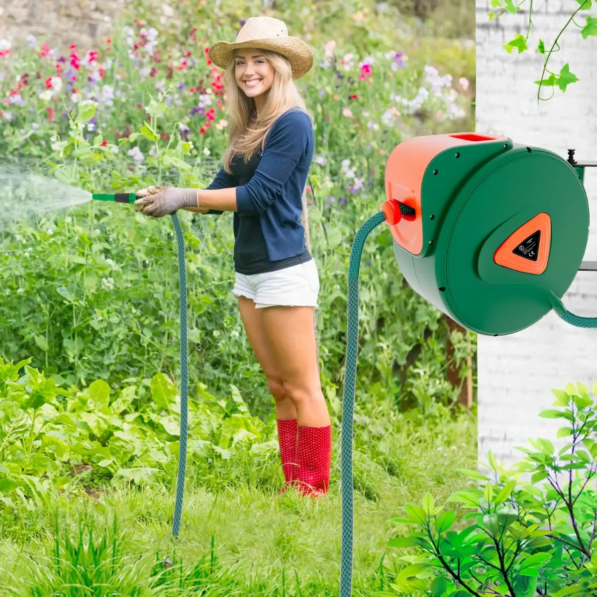 Avvolgitubo da Giardino per Acqua con Tubo in PVC Attacco 1/2" Fissaggio Parete Muro Sistema Blocco Automatico Riavvolgitore Auto Stop Accessorio Esterno Salvaspazio Pressione  24 Bar 