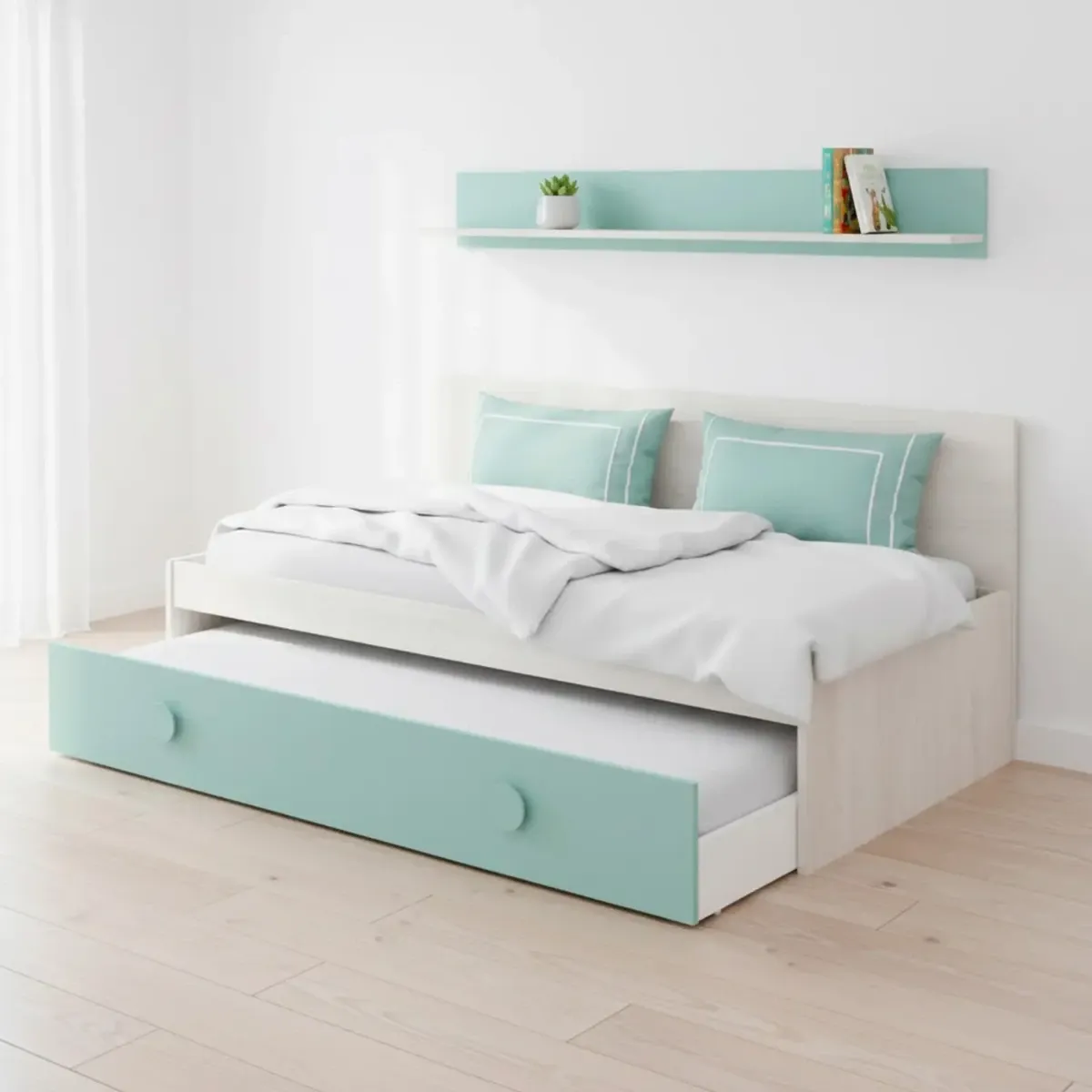 Letto Singolo a Scomparsa per Ragazzi con Letto Estraibile e Mensola a Muro Salvaspazio per Cameretta Camera da Letto Design Moderno Salvaspazio 201 x 43 x 98 Cm