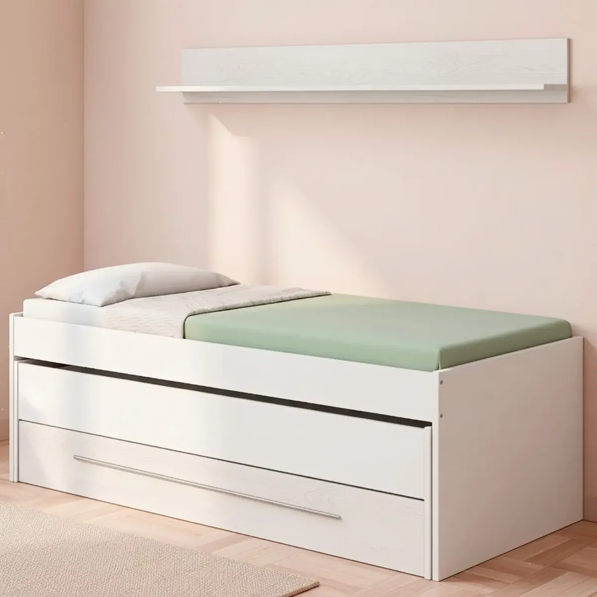 Letto Salvaspazio con Letto Estraibile Cassetto e Mensola Design Nordico Ideale per Camerette Piccole Pratico Robusto e Funzionale 65 × 199 × 96 Cm