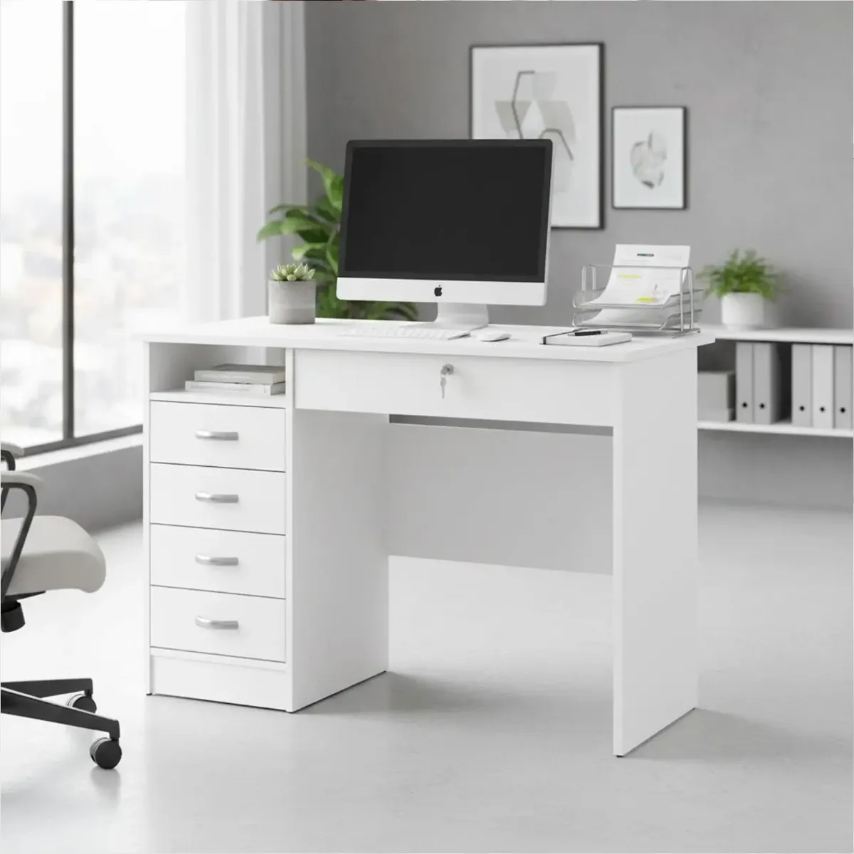 Scrivania da Ufficio con 5 Cassetti e Cassetto con Serratura Desk Moderno Salvaspazio per Studio Cameretta e Home Office 109.3 x 48.5 x 75.6 Cm