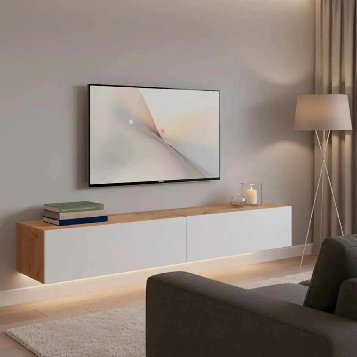 Mobile TV Sospeso da 180 Cm Parete Attrezzata con 2 Ante Push Porta TV Moderno in Pannelli Melaminici E1 per Salotto Soggiorno Design Minimal 180 x 34,5 x 28 Cm