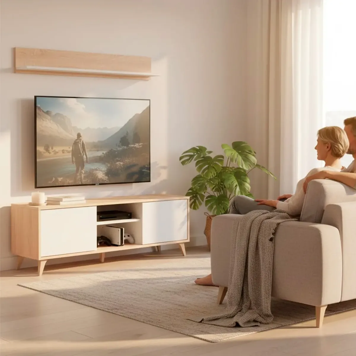 Mobile TV con Mensola Parete Attrezzata in Stile Nordico da 135 Cm con Anta Push e Vani Multimediali Mobile Porta TV con Ripiano a Parete Soggiorno Moderno 135 x 50 x 40 Cm