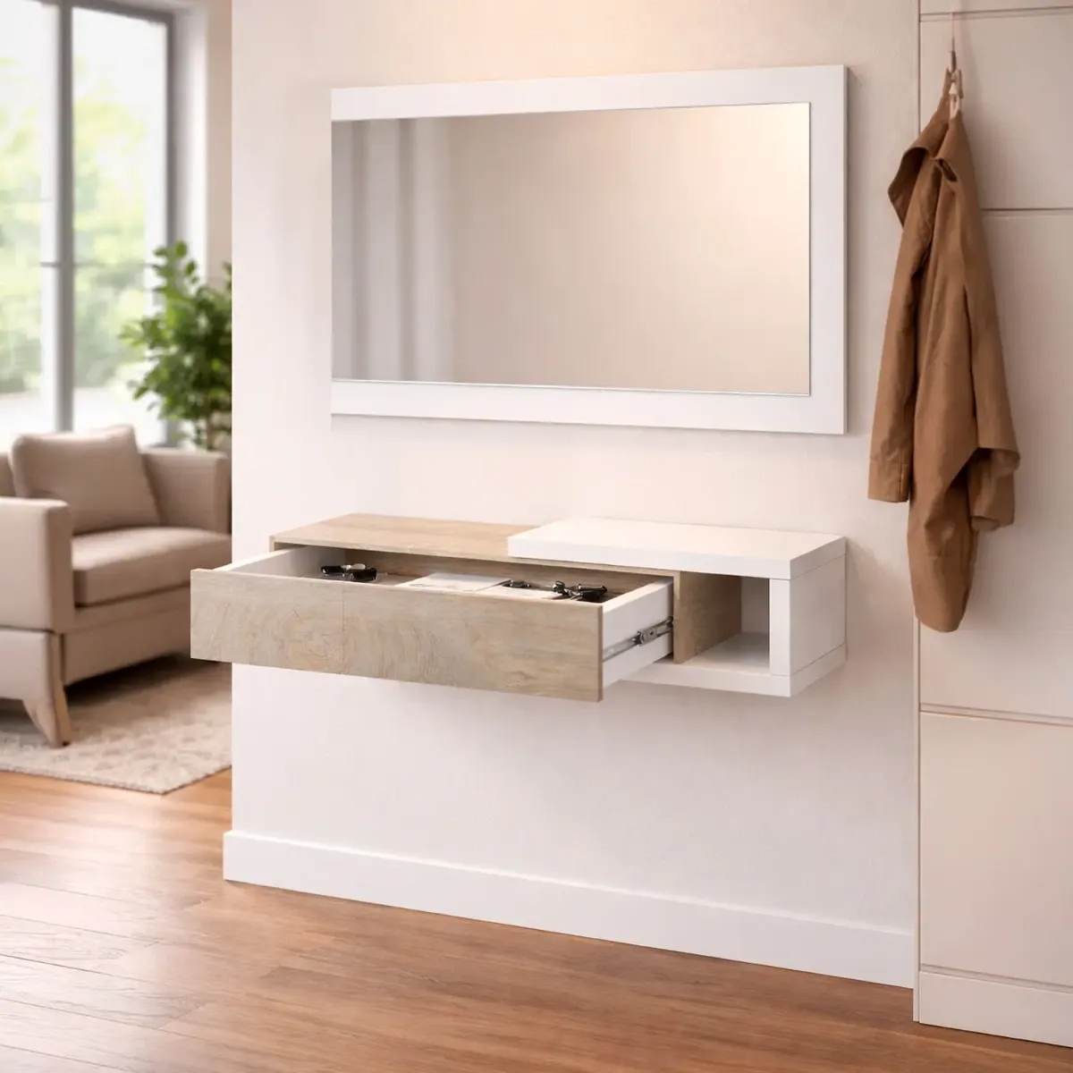 Mobile Maiorca Mobiletto da Ingresso Sospeso con Cassetto Mensola e Specchio Arredo Arredamento Sala 95 x 19 x 26 cm