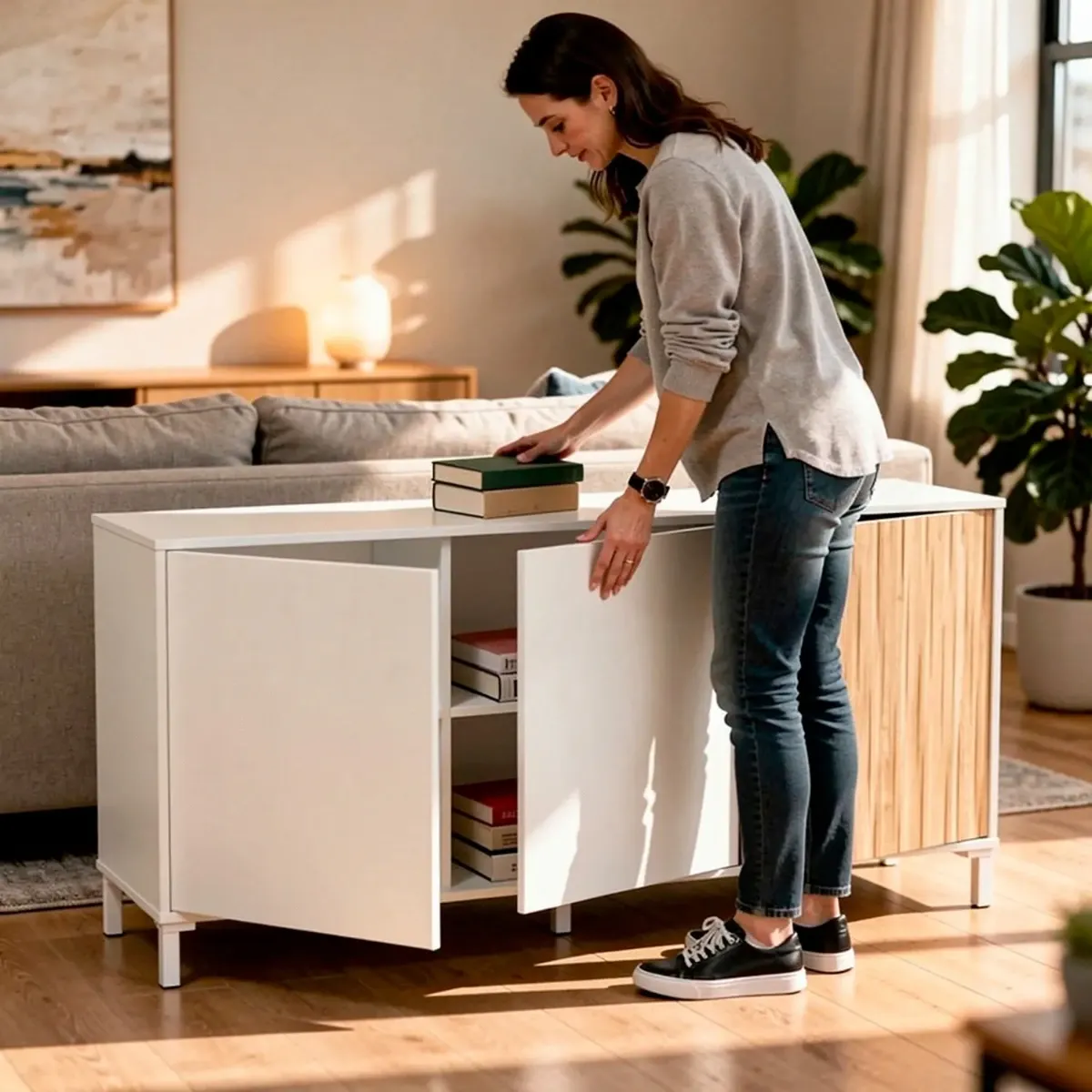 Credenza a 3 Ante con Push To Open Madia Moderna con Ripiani interni Mobile Contenitore per Soggiorno Salotto Ingresso Corridoio 74 x 154 x 40 Cm