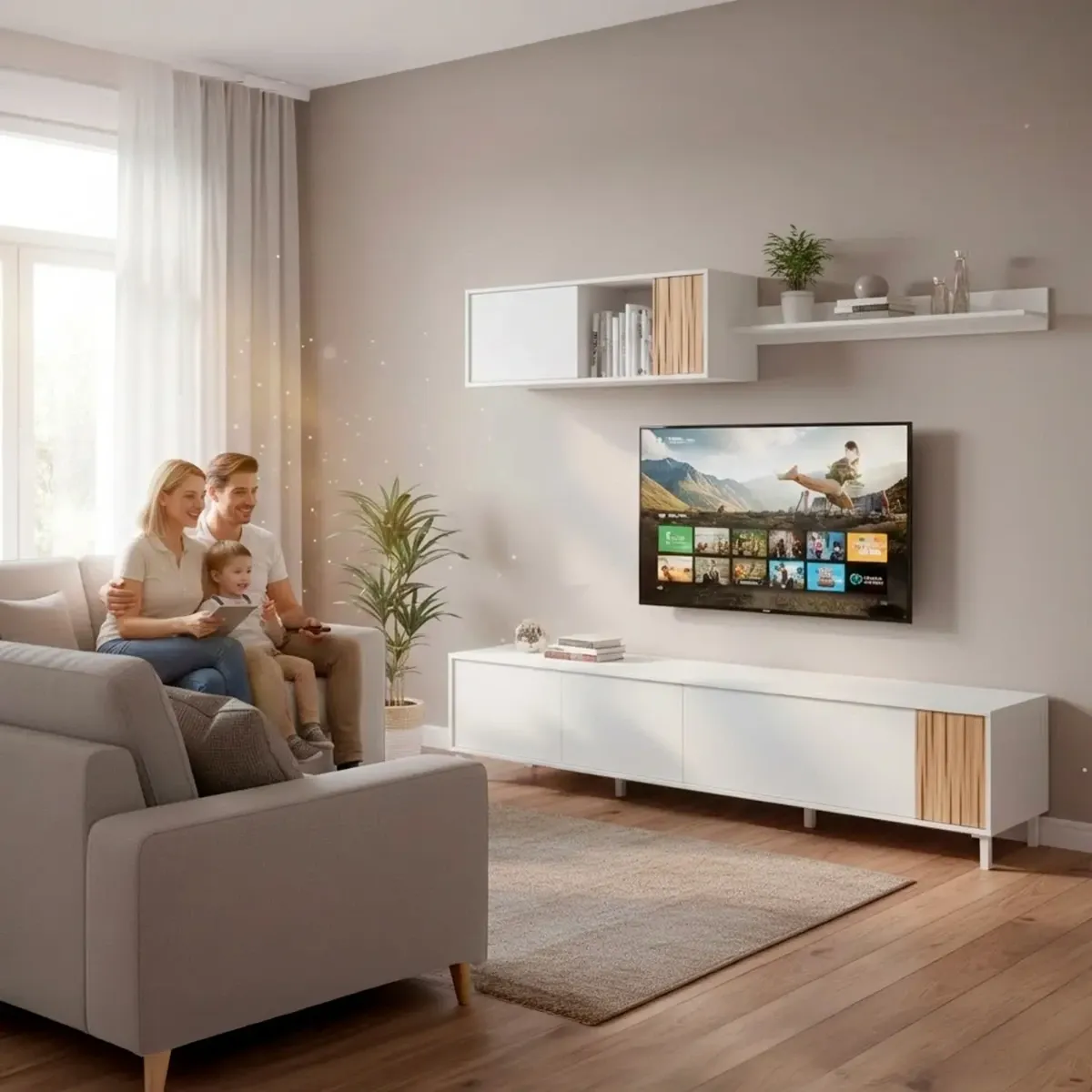 Parete Attrezzata Moderna Mobile Soggiorno TV con Modulo Pensile e Mensola con 4 Ante Fori Passacavi Design Moderno Soggiorno Salotto Sala da Pranzo 47 x 200 x 40 Cm