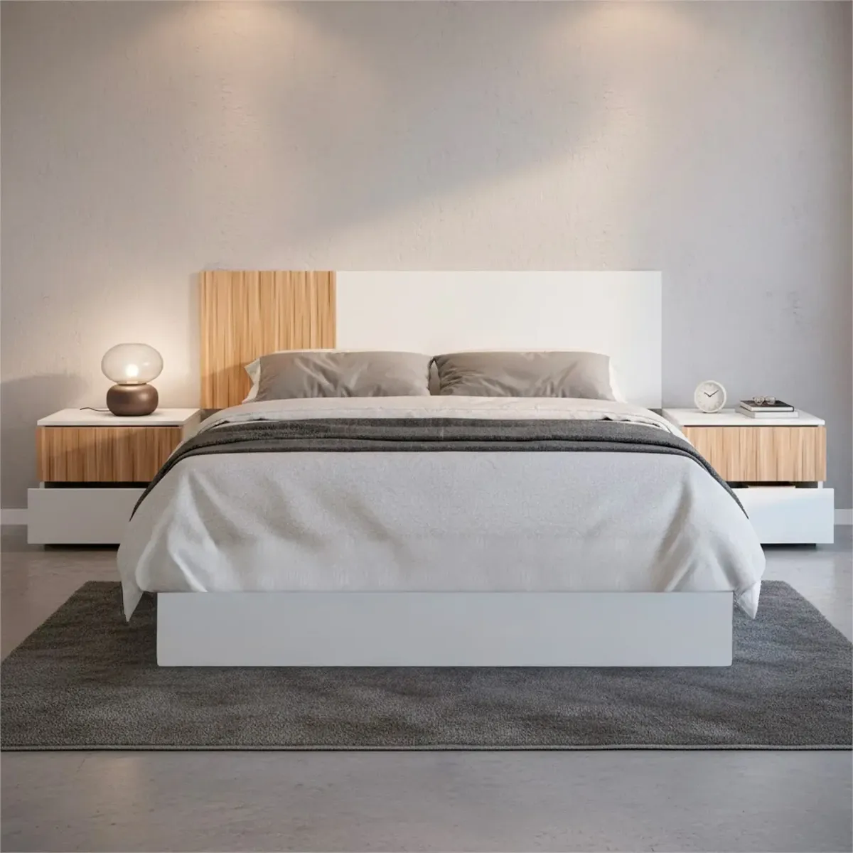Testiera Letto Matrimoniale da 160 Cm con 2 Comodini a 2 Cassetti Set Camera da Letto Moderno con Fissaggio a Parete Design Moderno Scandinavo