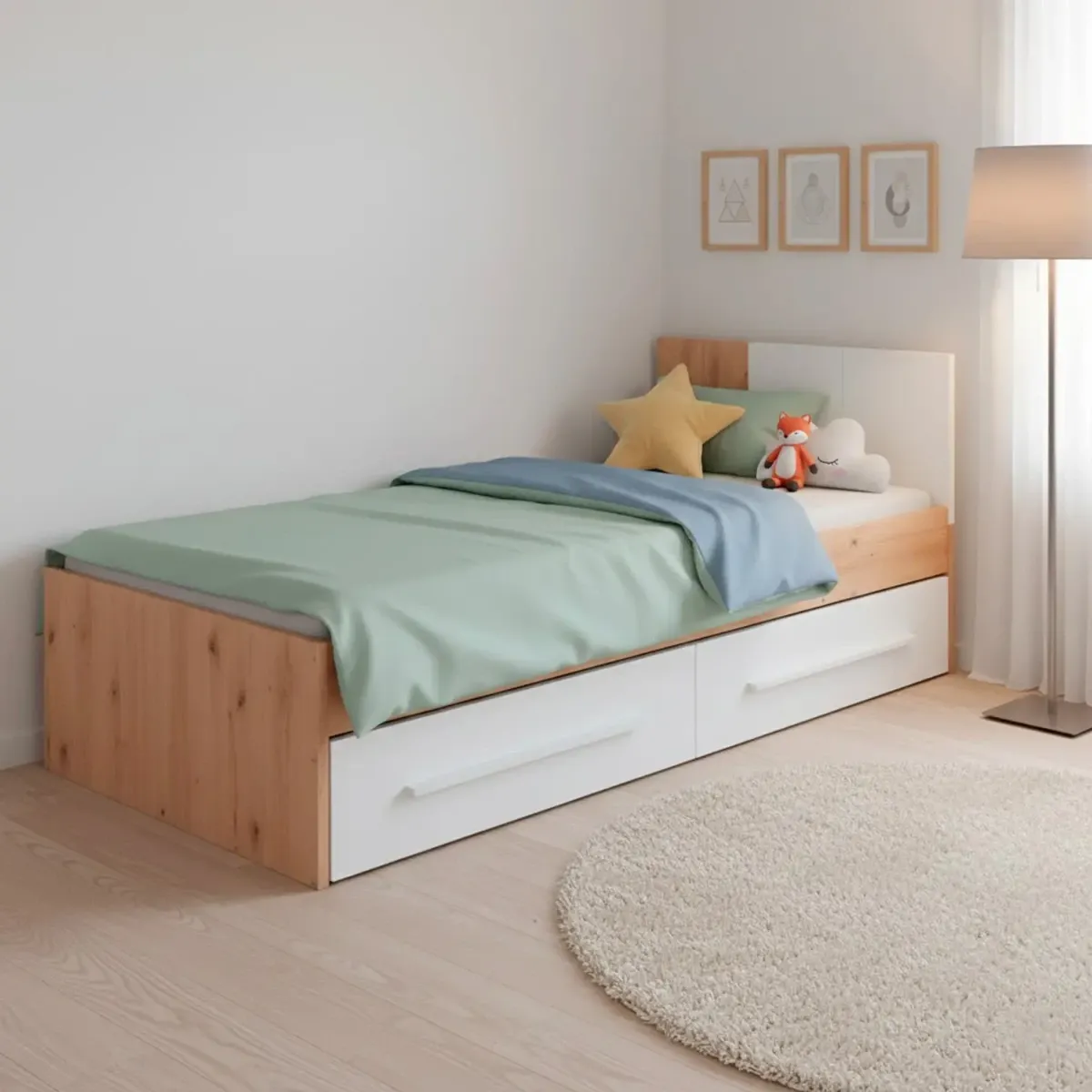 Letto Singolo per Ragazzi con 2 Cassetti e Testiera Letto con Scomparti per Materasso 190 x 90 Cm Bambini Salvaspazio Design Moderno 196 x 97 x 77 cm