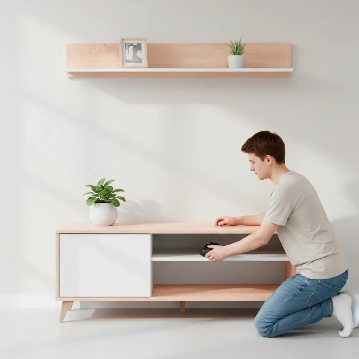 Mobile TV con Mensola Parete Attrezzata in Stile Nordico da 135 Cm con Anta Push e Vani Multimediali Mobile Porta TV con Ripiano a Parete Soggiorno Moderno 135 x 50 x 40 Cm