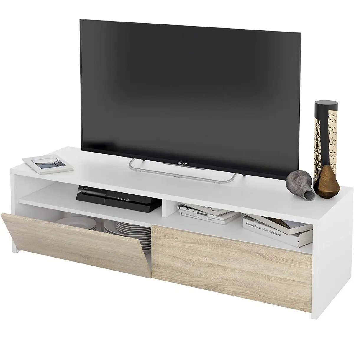Mobile Porta TV Moderno Parete Attrezzata con 2 Ante e 2 Vani a Giorno Mobiletto Salvaspazio da Terra per Televisione Soggiorno Salotto Camera da Letto 130 x 40 x 35 Cm