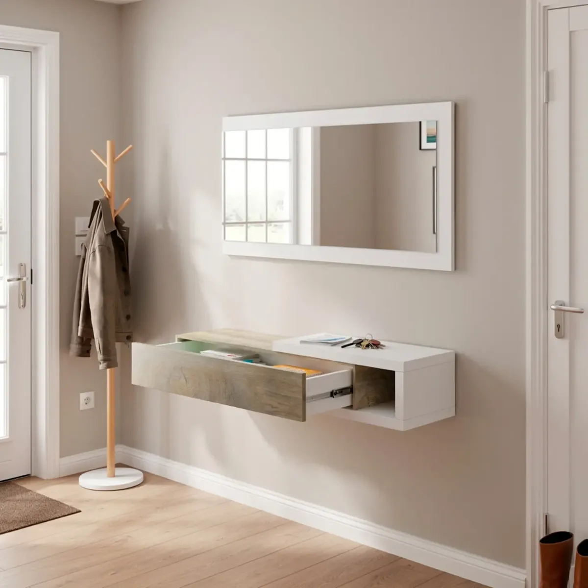 Mobile Maiorca Mobiletto da Ingresso Sospeso con Cassetto Mensola e Specchio Arredo Arredamento Sala 95 x 19 x 26 cm