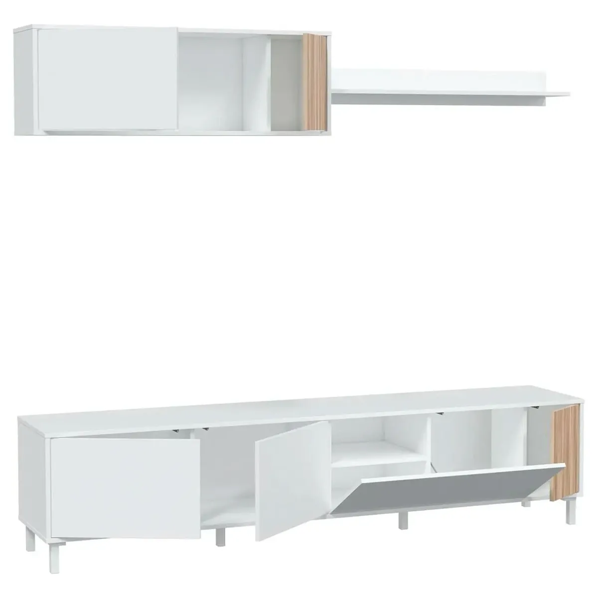 Parete Attrezzata Moderna Mobile Soggiorno TV con Modulo Pensile e Mensola con 4 Ante Fori Passacavi Design Moderno Soggiorno Salotto Sala da Pranzo 47 x 200 x 40 Cm