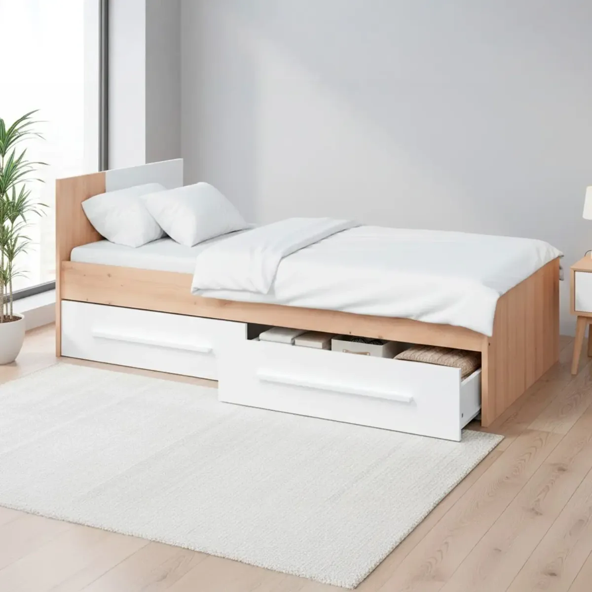 Letto Singolo per Ragazzi con 2 Cassetti e Testiera Letto con Scomparti per Materasso 190 x 90 Cm Bambini Salvaspazio Design Moderno 196 x 97 x 77 cm